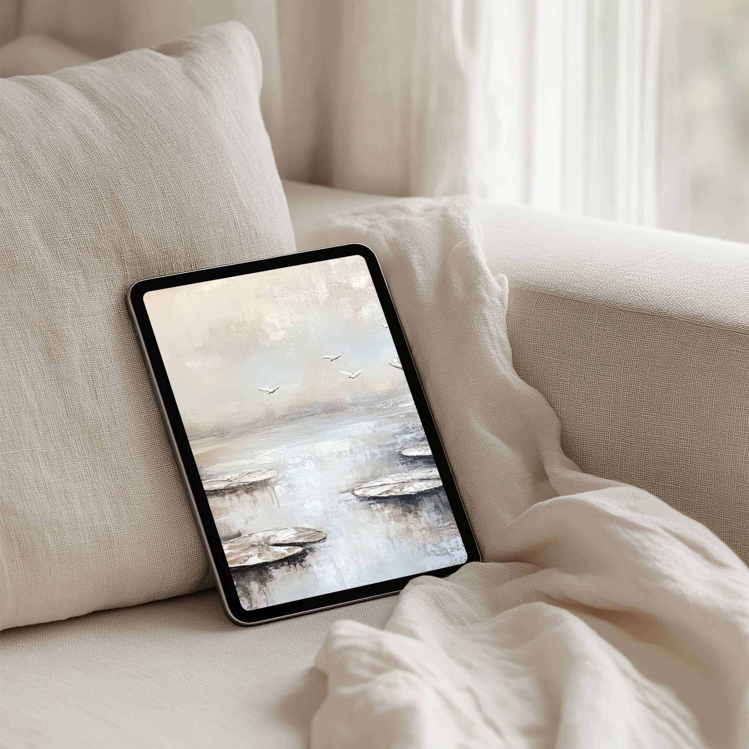Calming landscape iPad background with serene water lilies and soft pastels, perfect for tablets, available for instant download