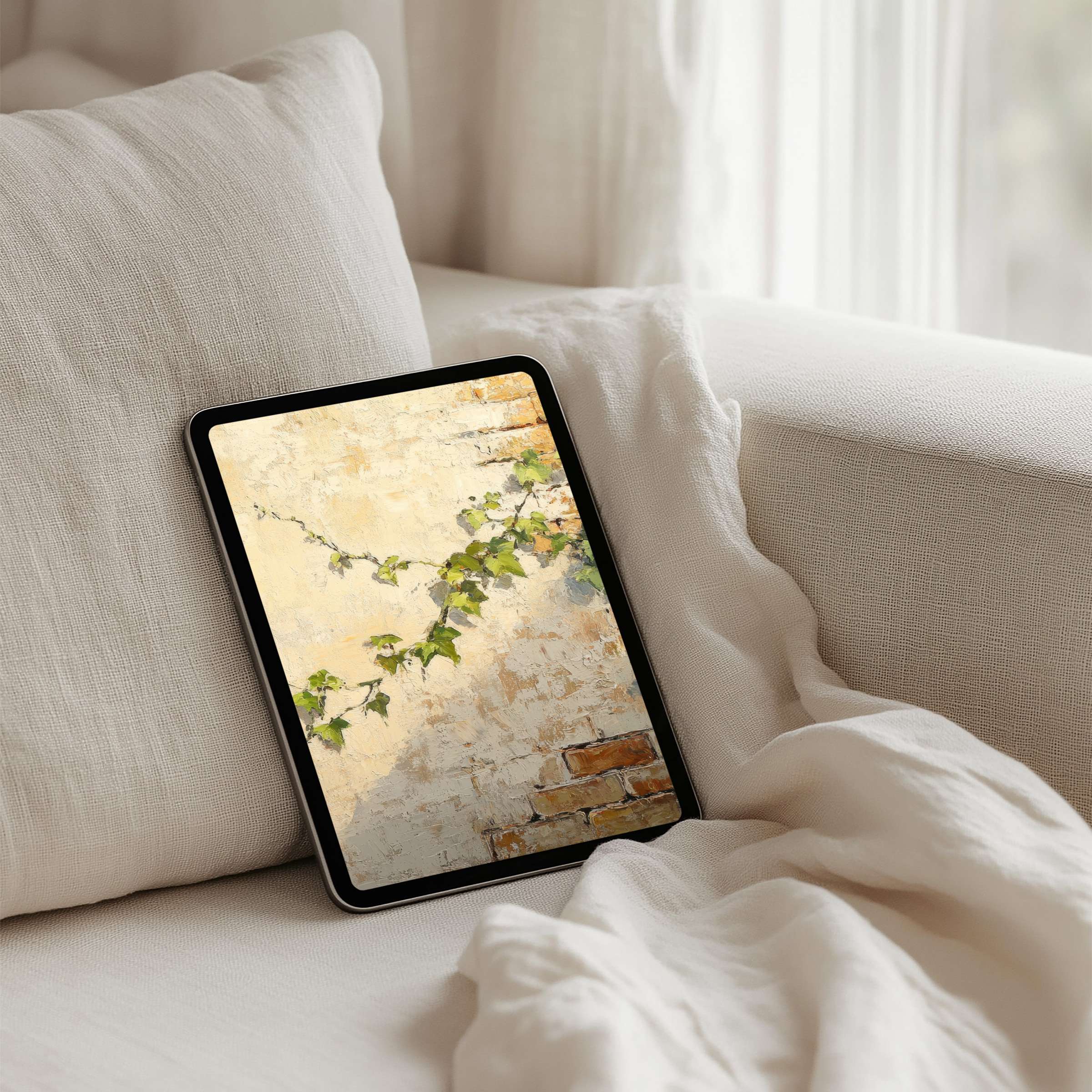 Elegant iPad background featuring ivy on a sunlit wall evokes calm and mindfulness instant download for any tablet device