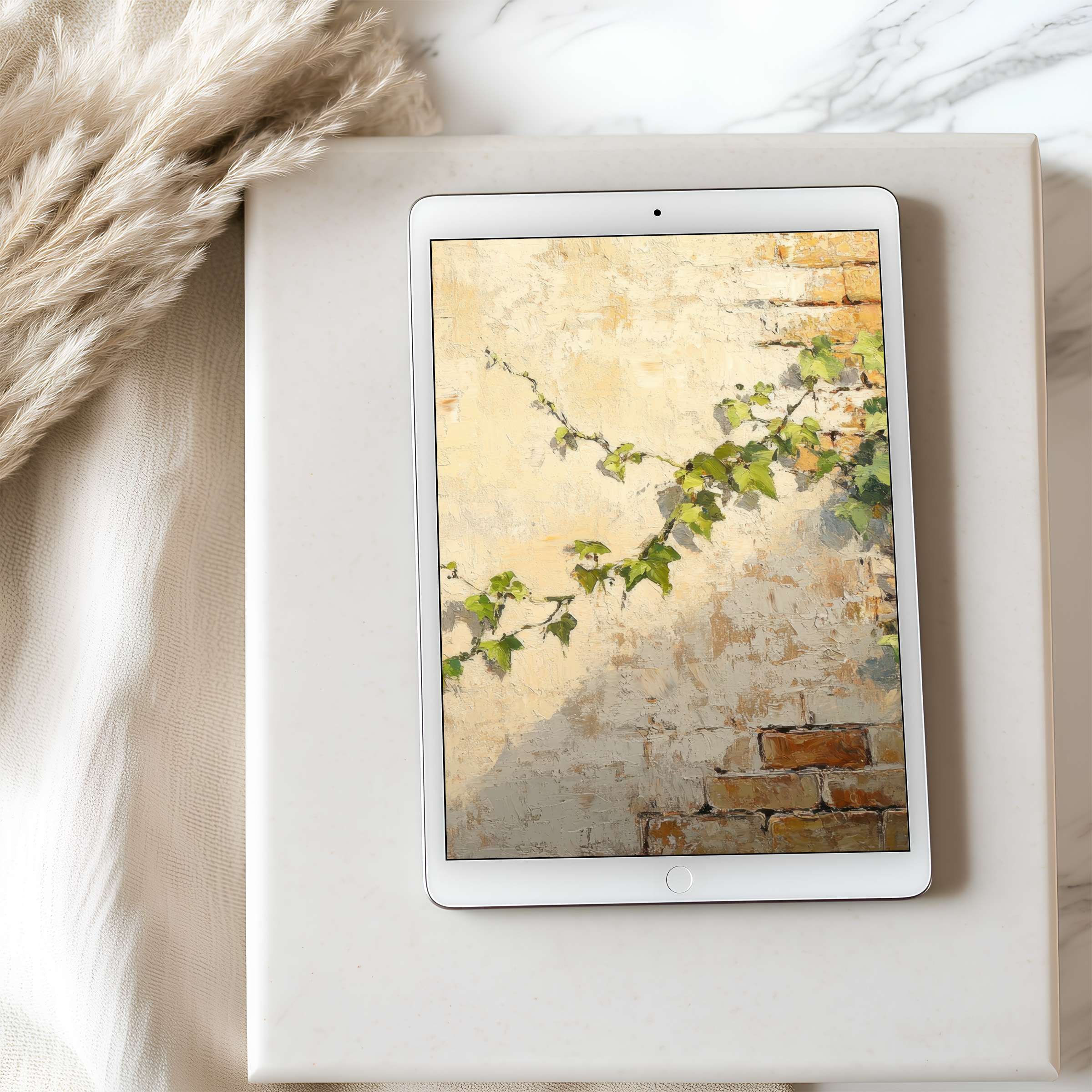 Elegant tablet wallpaper featuring ivy on rustic wall inspires calm creativity ideal for high resolution iPad and digital download
