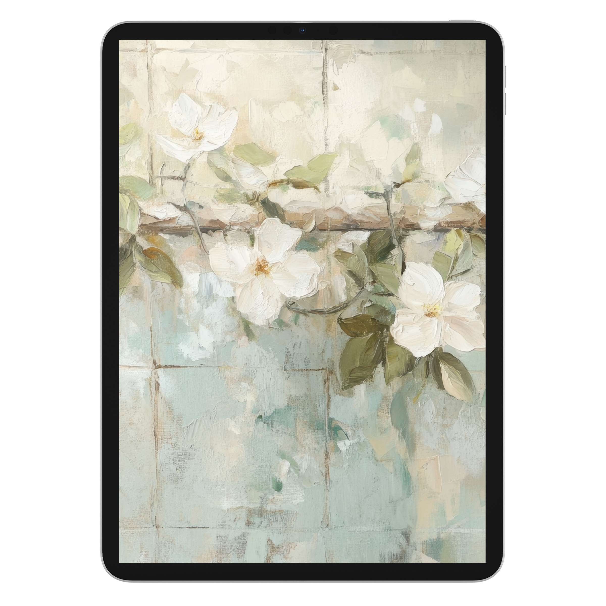 Elegant botanical iPad wallpaper featuring gentle white blossoms on a serene pastel canvas for tablet background digital download