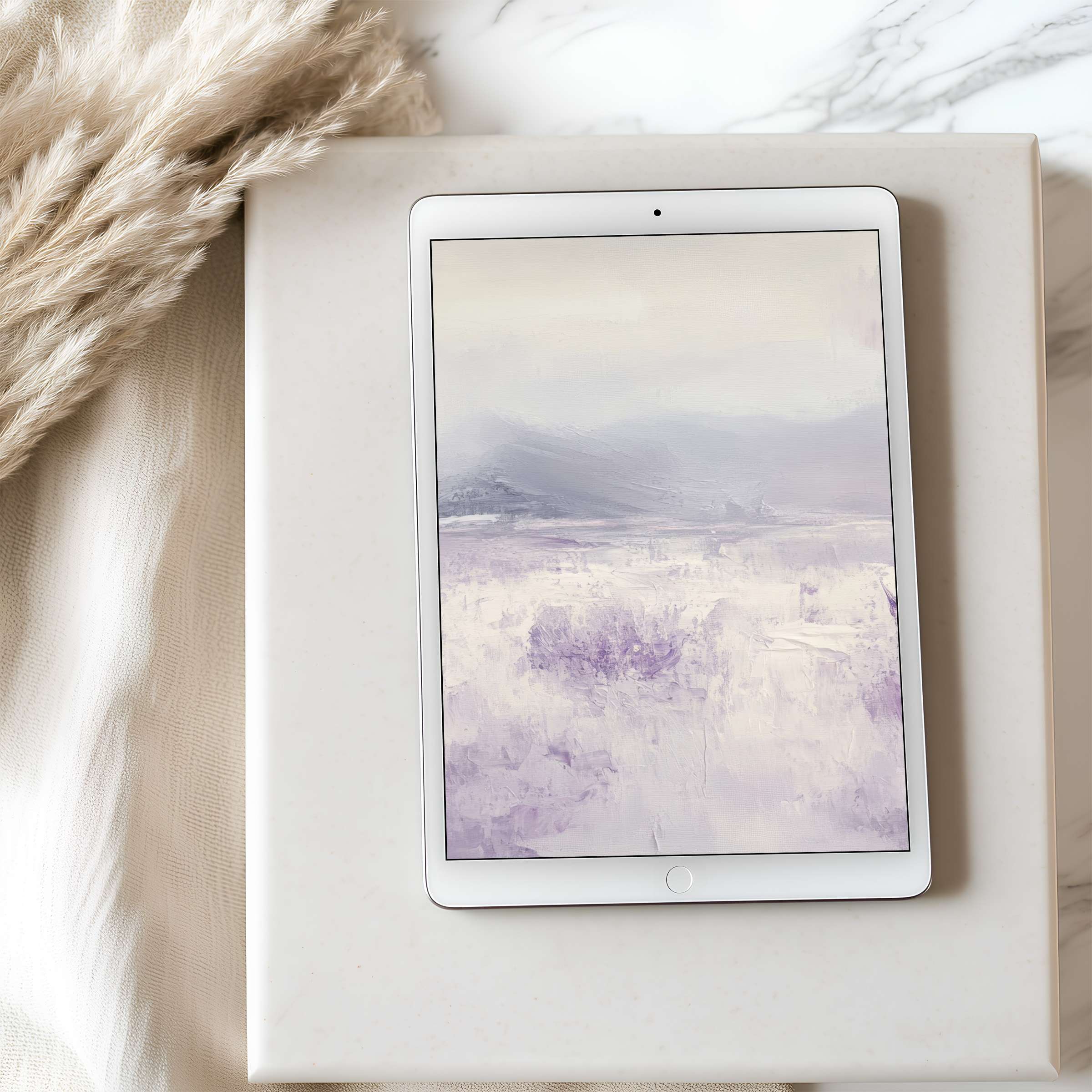 Elegant tablet wallpaper featuring calming lavender and soft white hues in a serene landscape suitable for high resolution iPad download