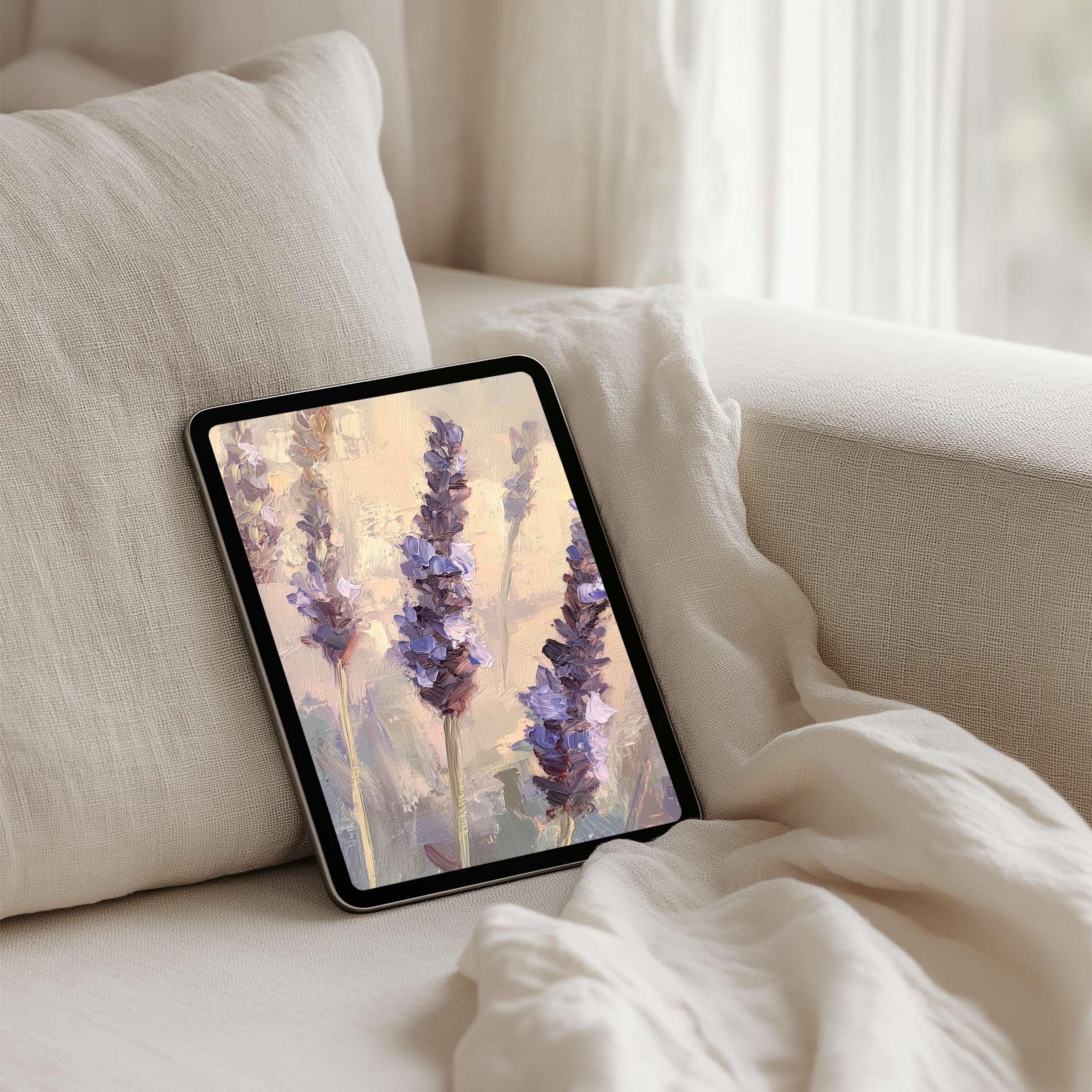 Calming lavender digital art iPad background for instant download on tablet, enhancing elegance and mindfulness in any space
