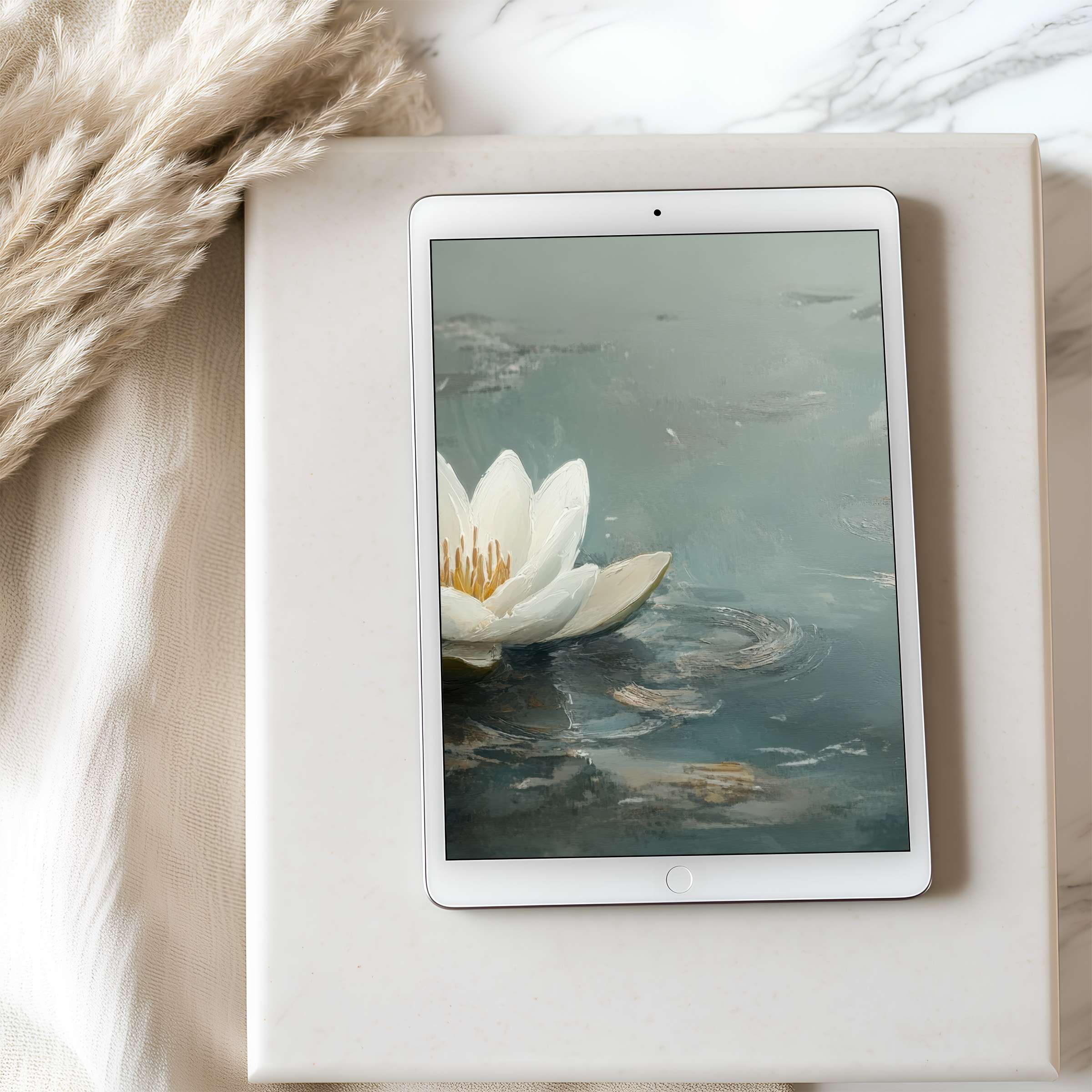Elegant tablet wallpaper featuring a serene watercolor lotus on a tranquil pond ideal for iPad high resolution digital download