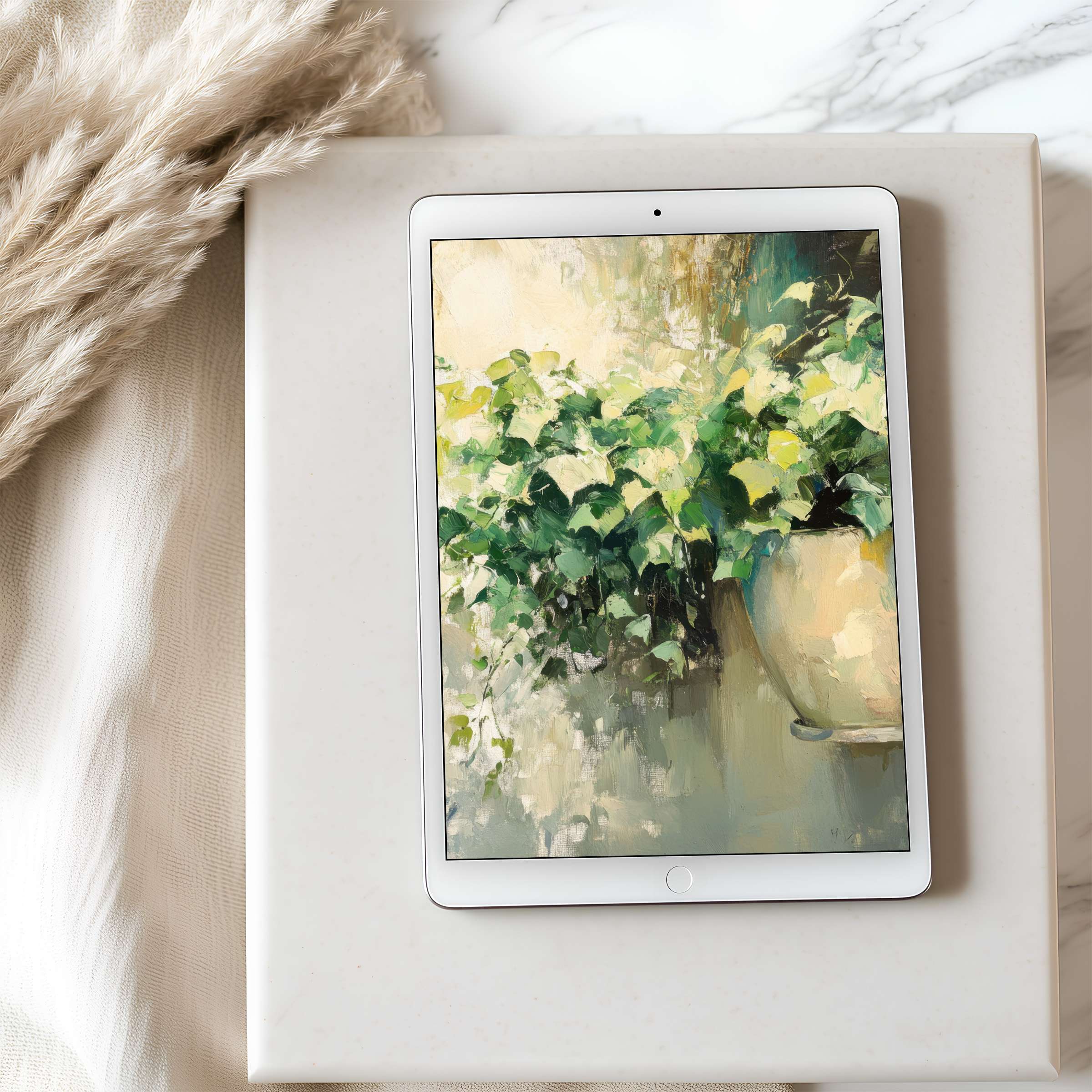 Elegant tablet wallpaper featuring lush green foliage in a classic style, perfect for high resolution iPad or Android digital download