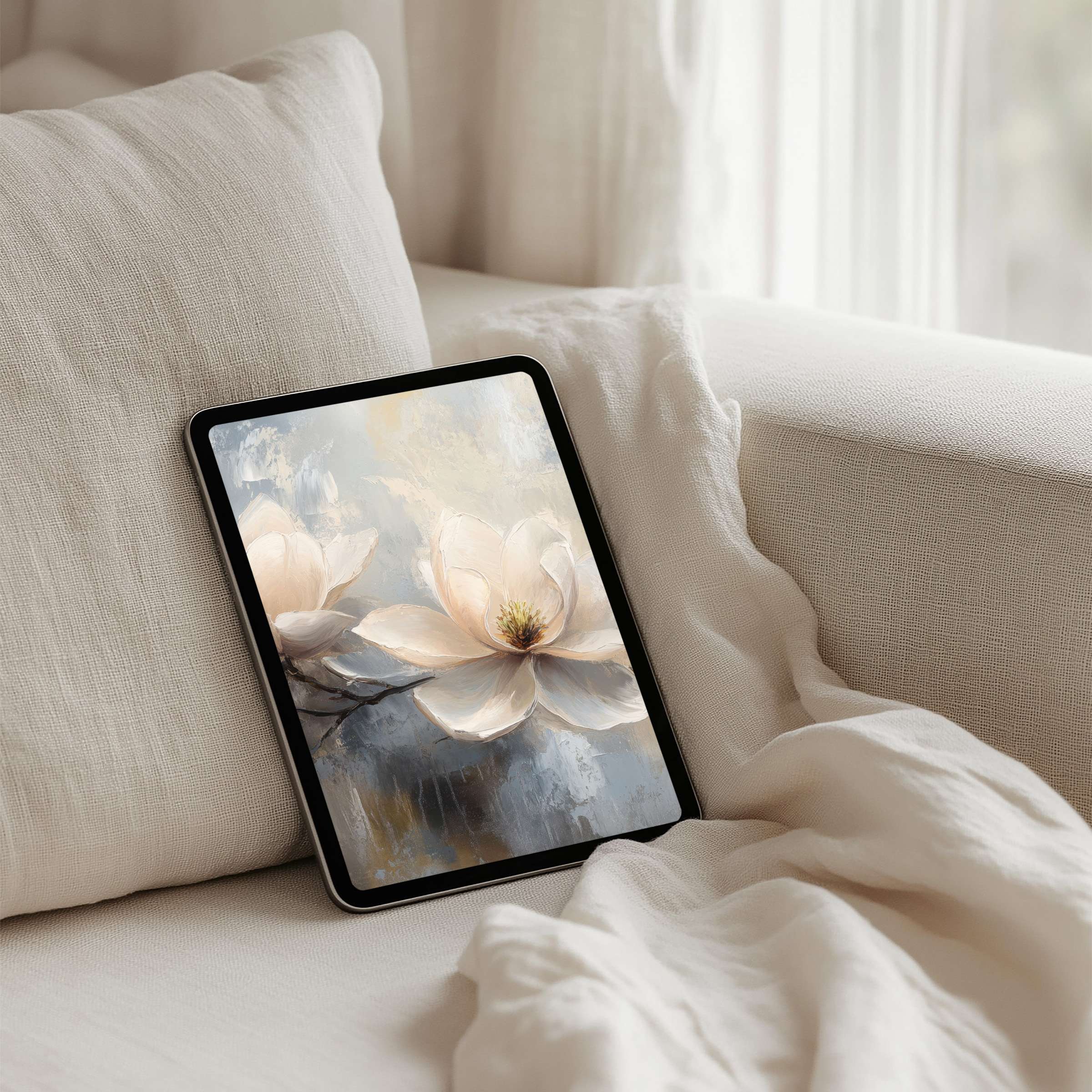 Elegant iPad background featuring serene white florals perfect for instant download on any tablet inspiring calm and mindfulness