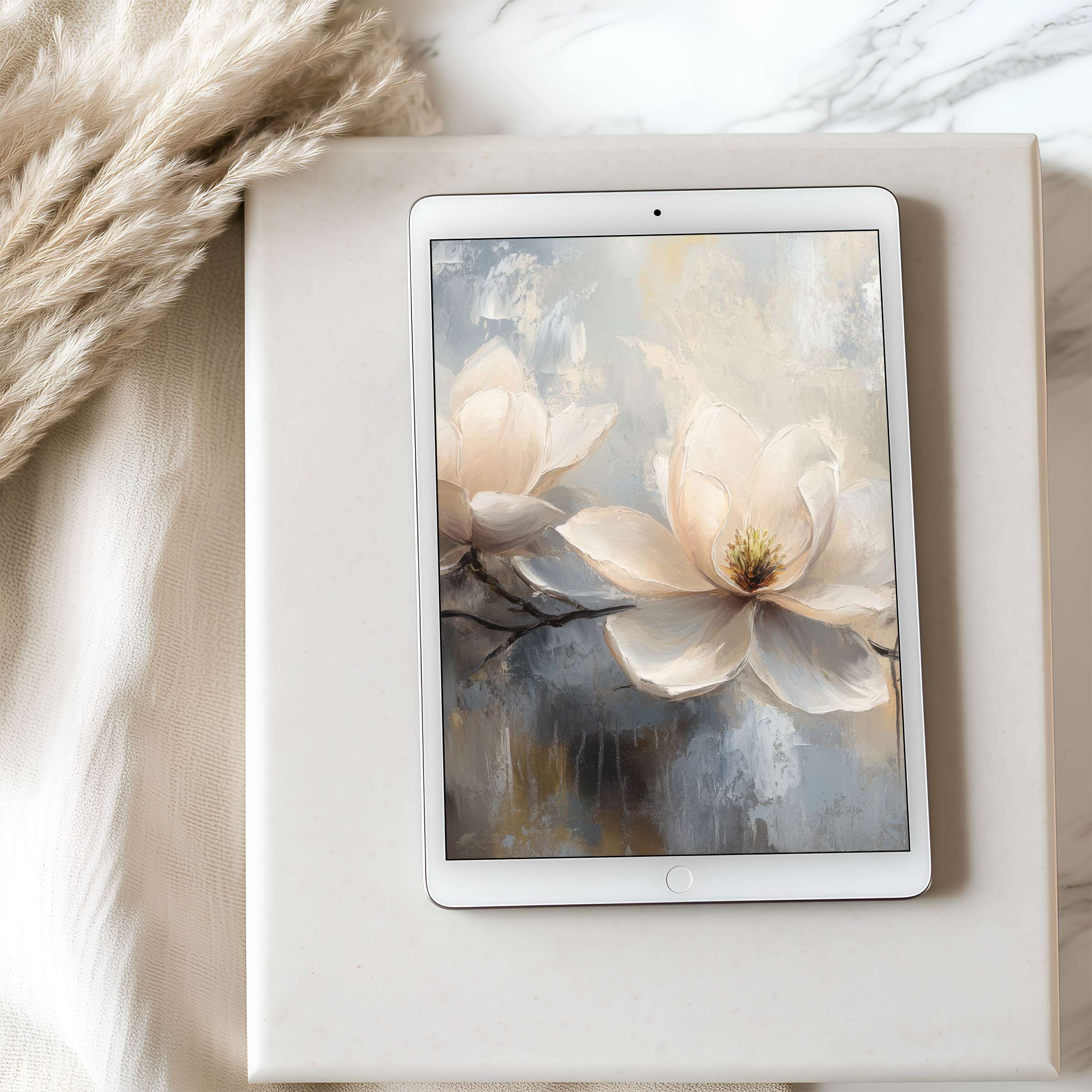 Elegant magnolia art graces tablet wallpaper in high resolution, enhancing any space's tranquility and aesthetic appeal, ideal for digital download