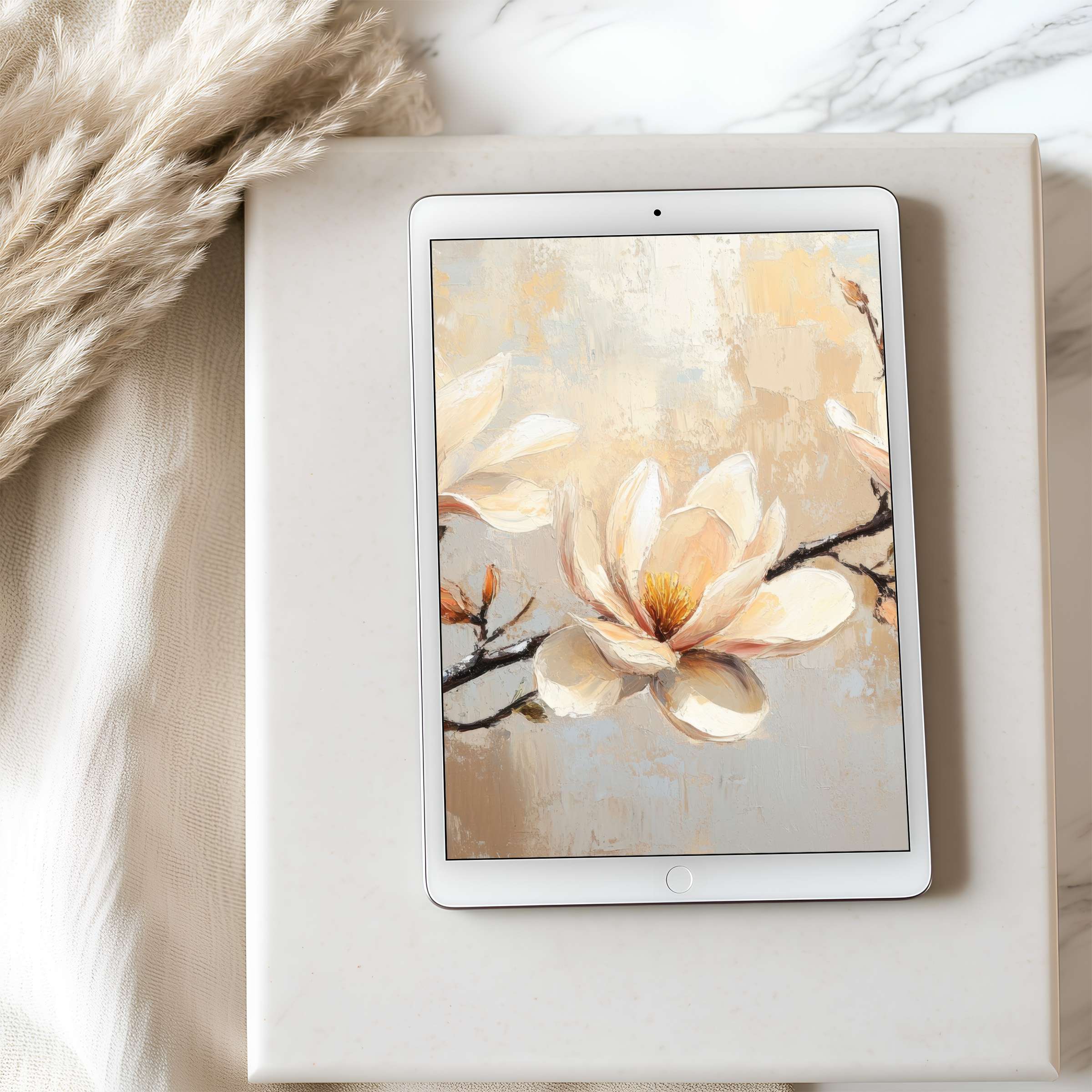 Warm magnolia blossoms on an elegant tablet wallpaper exude calmness and style designed for high-resolution digital downloads