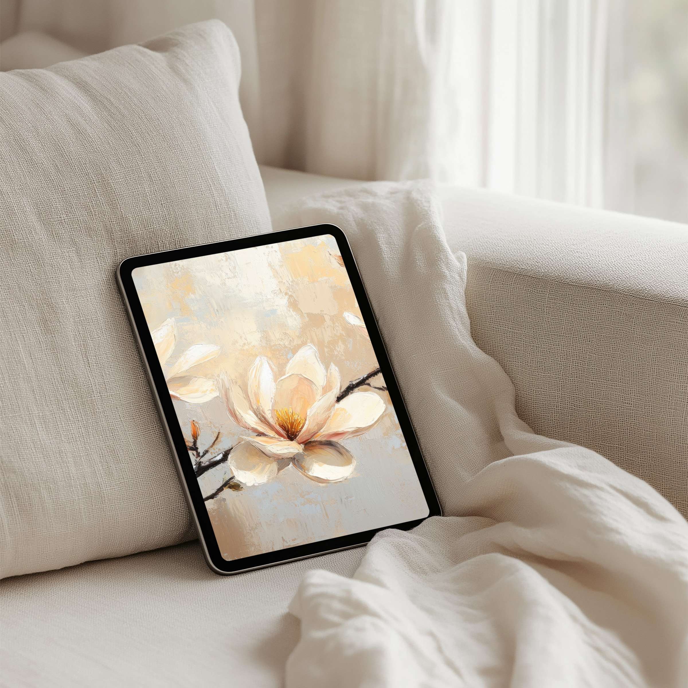 Elegant floral iPad background on a cozy couch evokes calm and mindfulness instant download fits all tablet screens