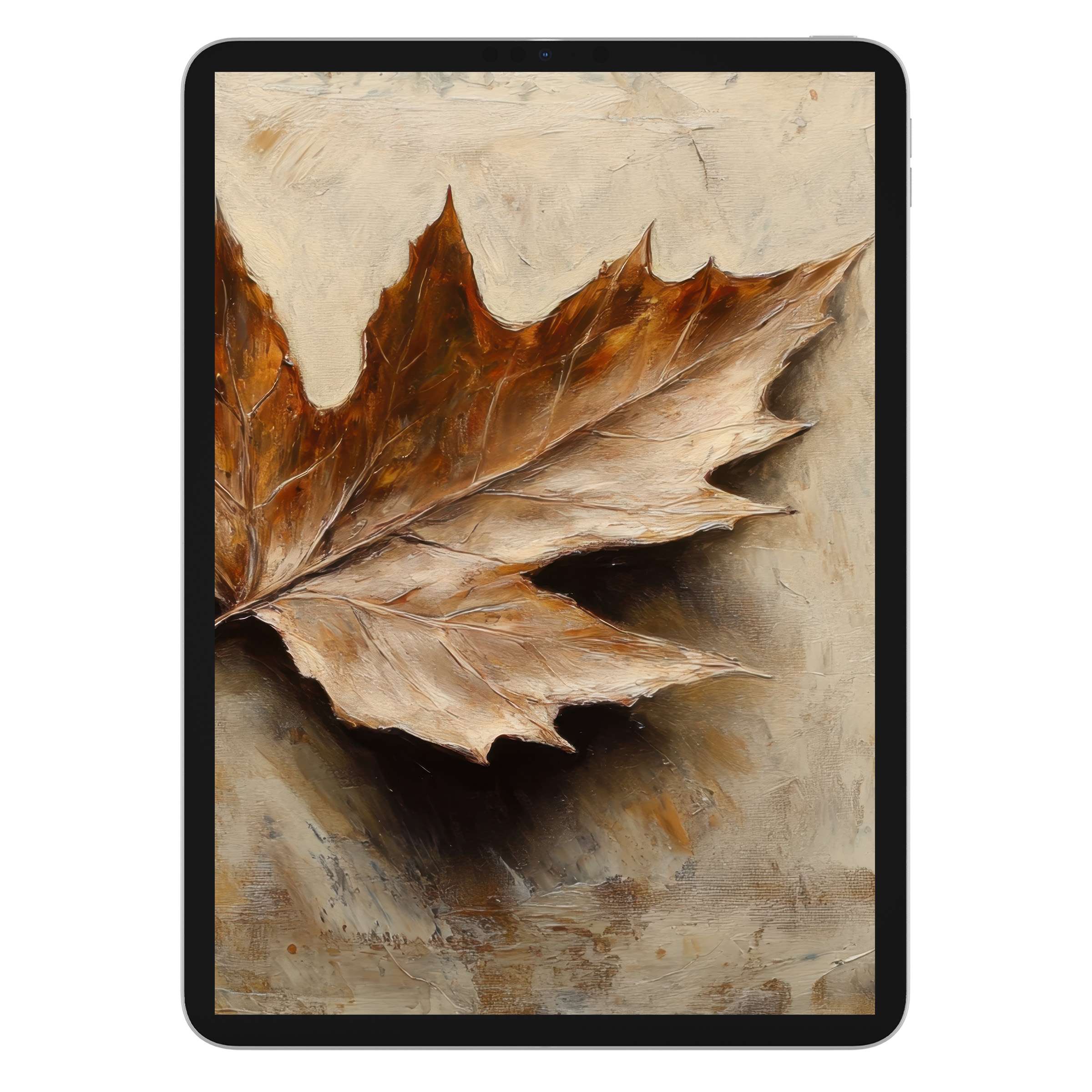 Elegant botanical iPad wallpaper features a textured autumn leaf painting, perfect digital download for calming tablet background