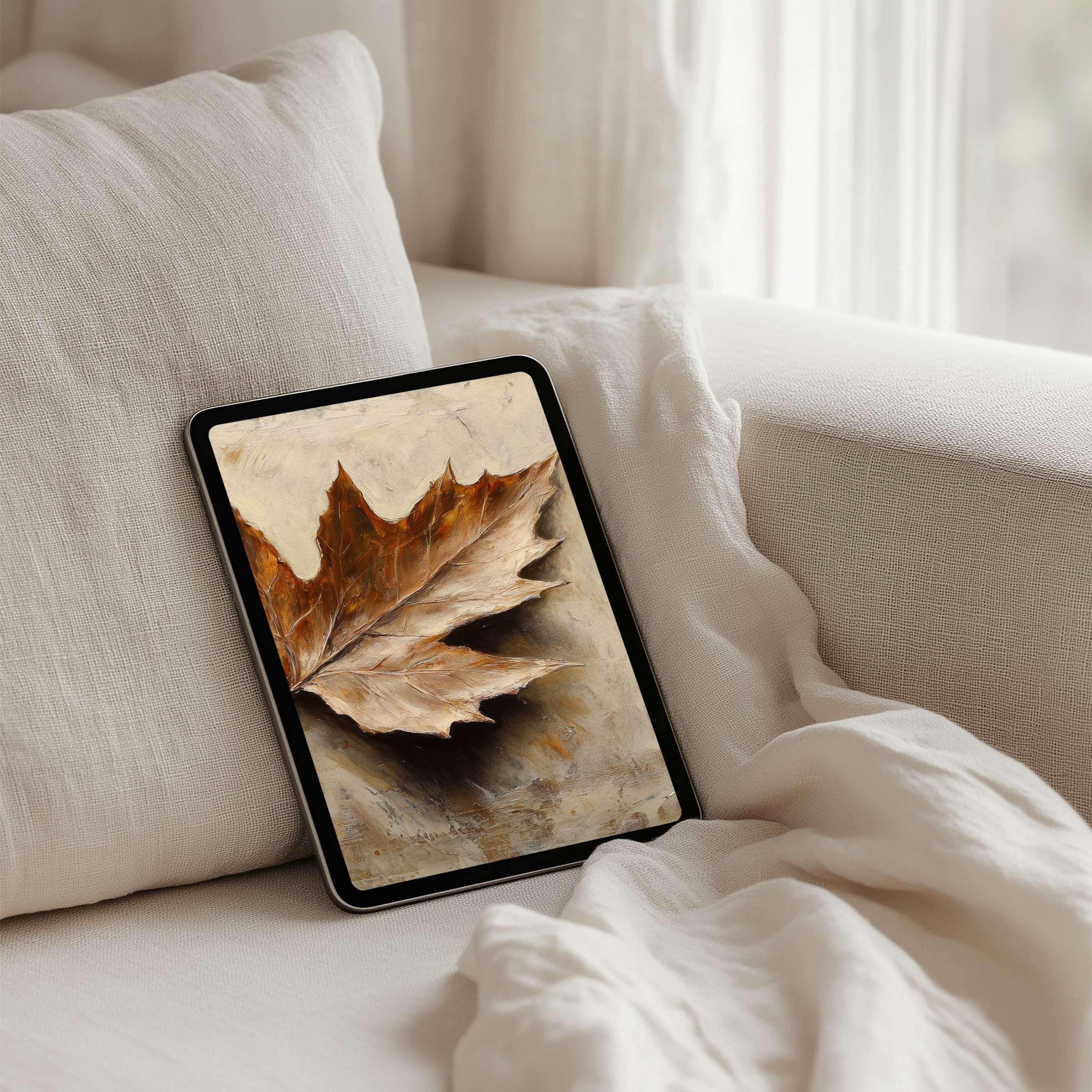 Warm autumn leaf iPad background on a cozy white sofa offers instant download for all tablet users seeking elegance and calm