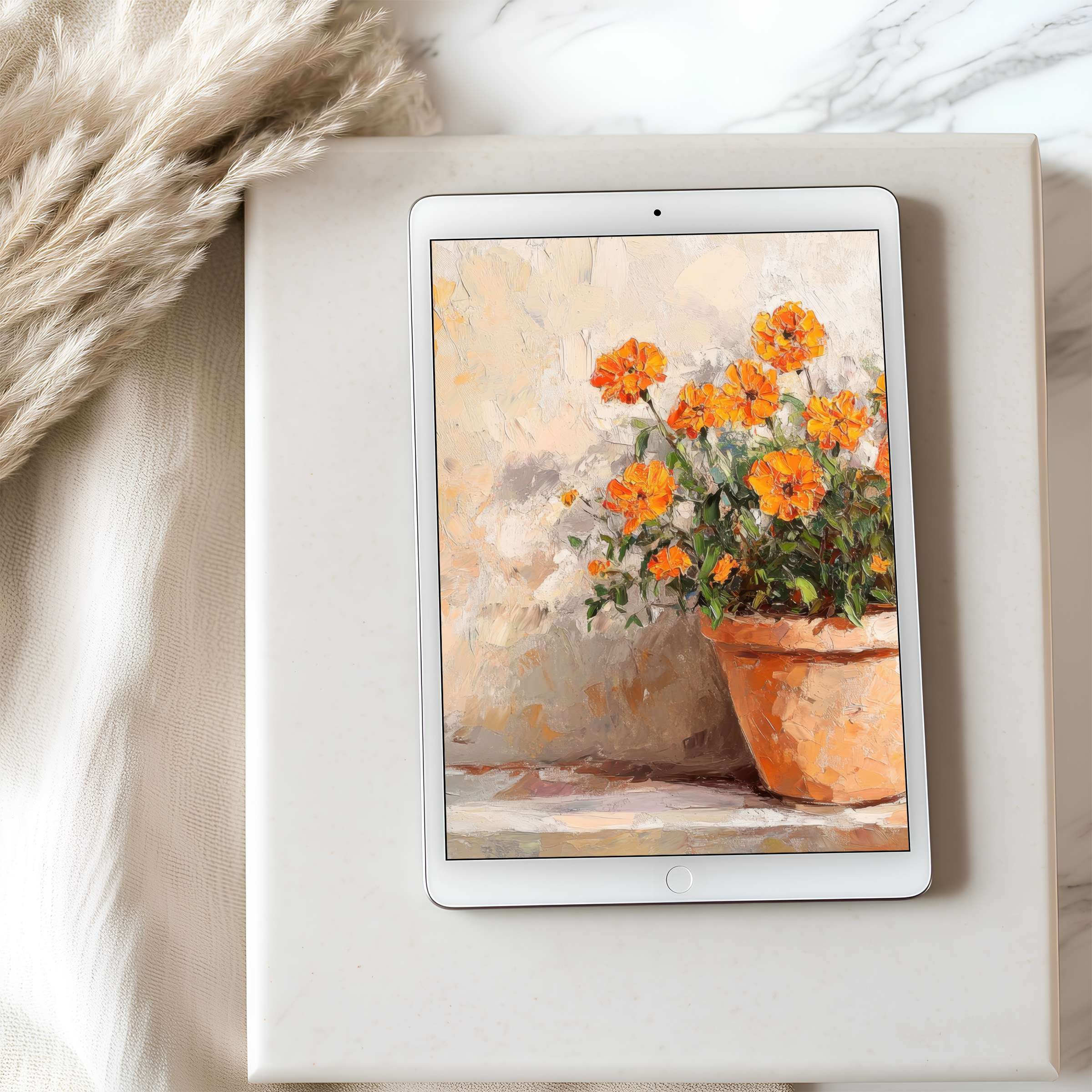 Elegant tablet wallpaper featuring vibrant orange flowers in a textured style, perfect for high resolution display and serene digital download
