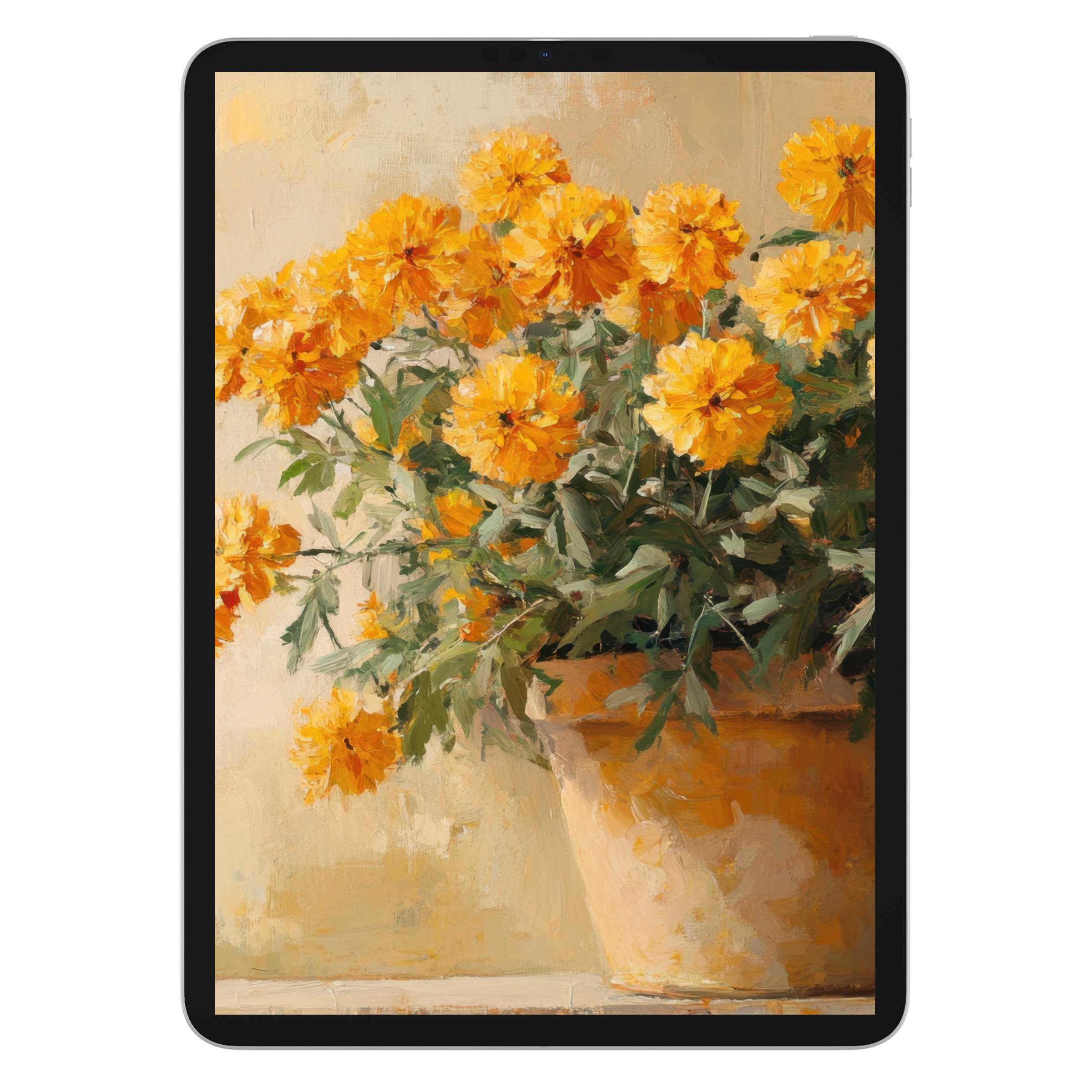 Botanical iPad wallpaper featuring vibrant orange marigolds in a rustic pot, a digital download perfect for calming tablet background