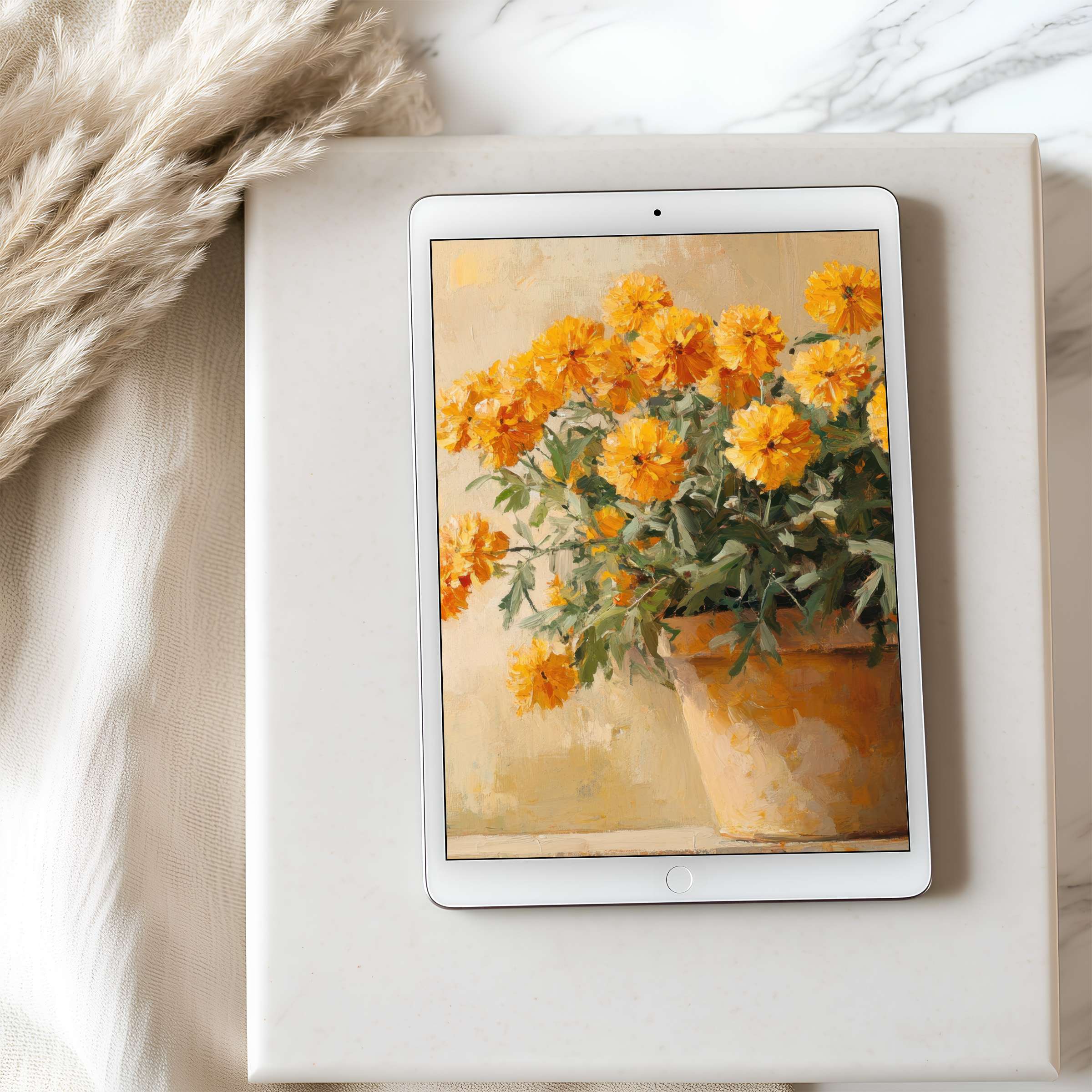 Elegant tablet wallpaper featuring vibrant yellow flowers in a delicate digital painting perfect for iPad high resolution download