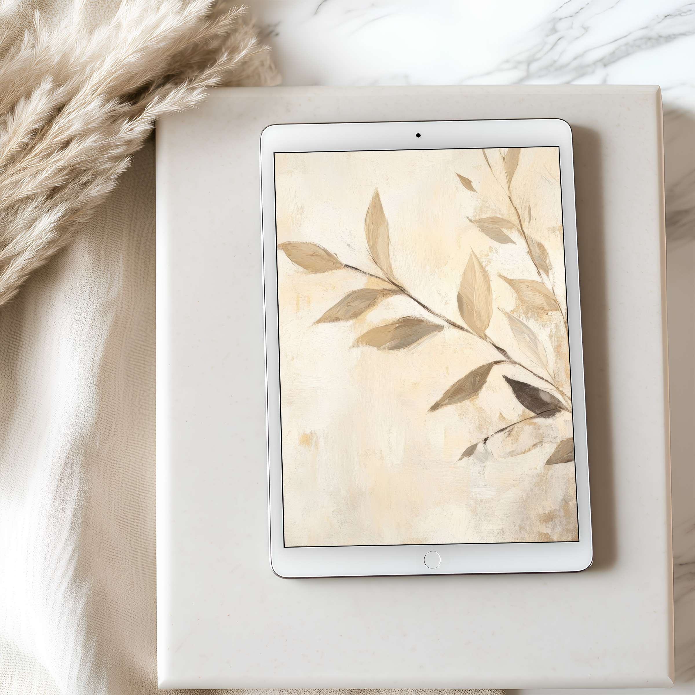 Elegant beige leaf motif tablet wallpaper for iPad offers calm sophistication in high resolution perfect for digital download
