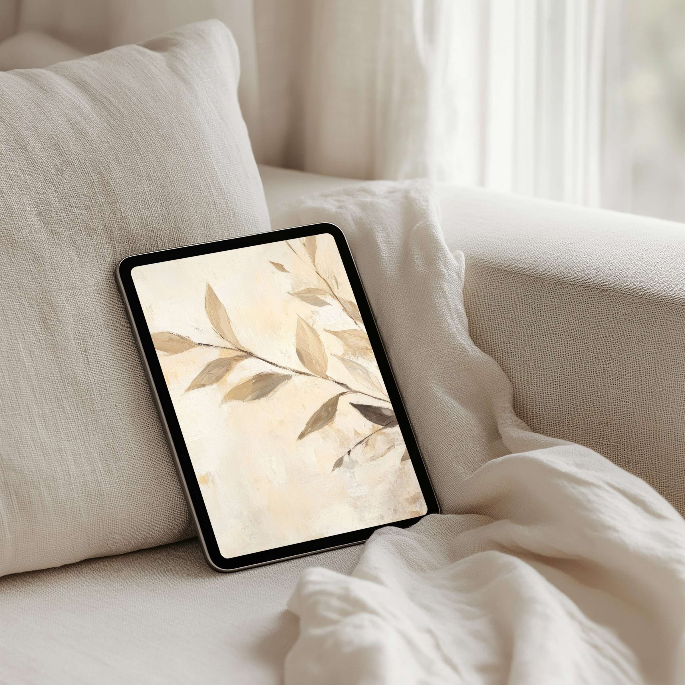 Elegant iPad background featuring calming beige leaves, perfect for tablet aesthetics and instant download mindfulness experience