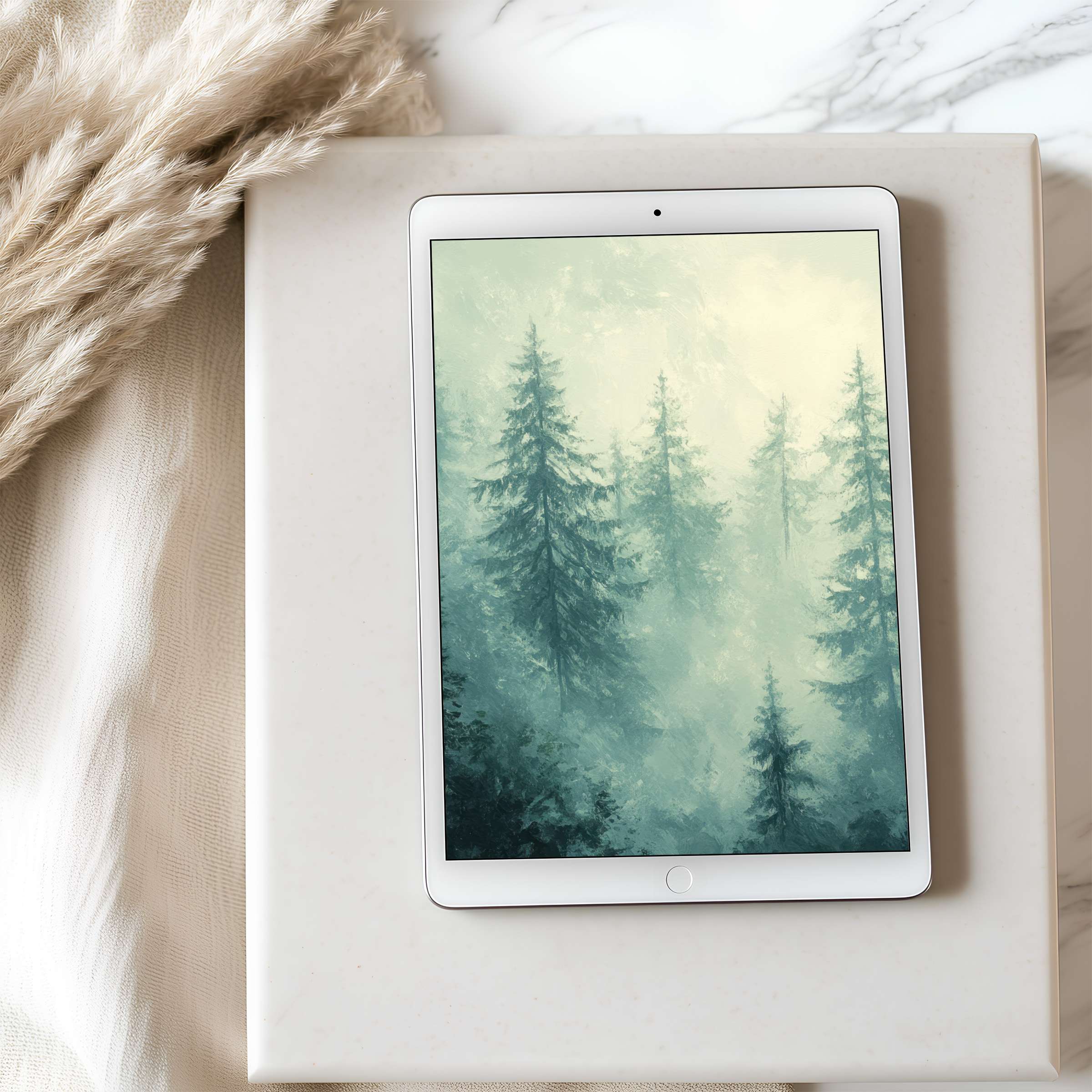 Tranquil forest tablet wallpaper in soft greens and creams, curated for high resolution iPad and Android tablets, perfect for digital decor download