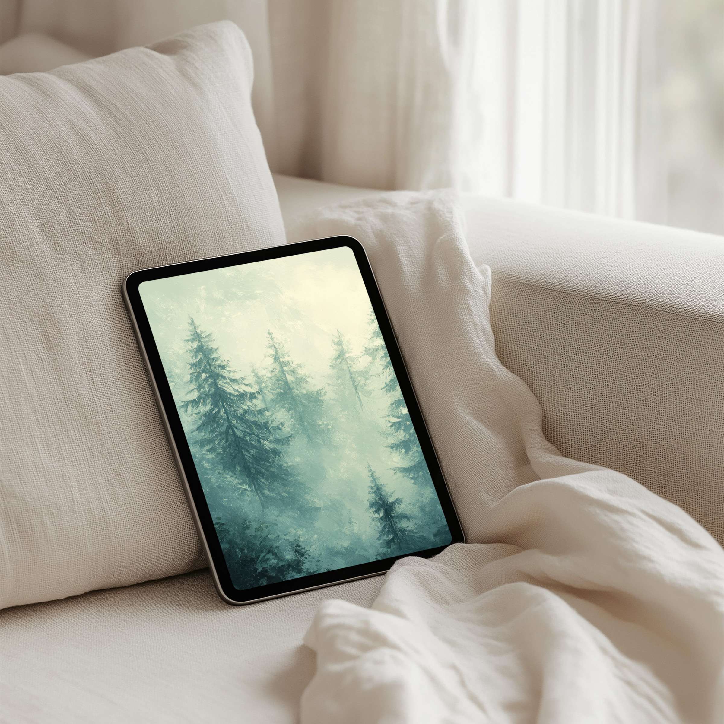 Elegant misty forest iPad background for calming inspiration instant download for tablet users seeking mindful aesthetics