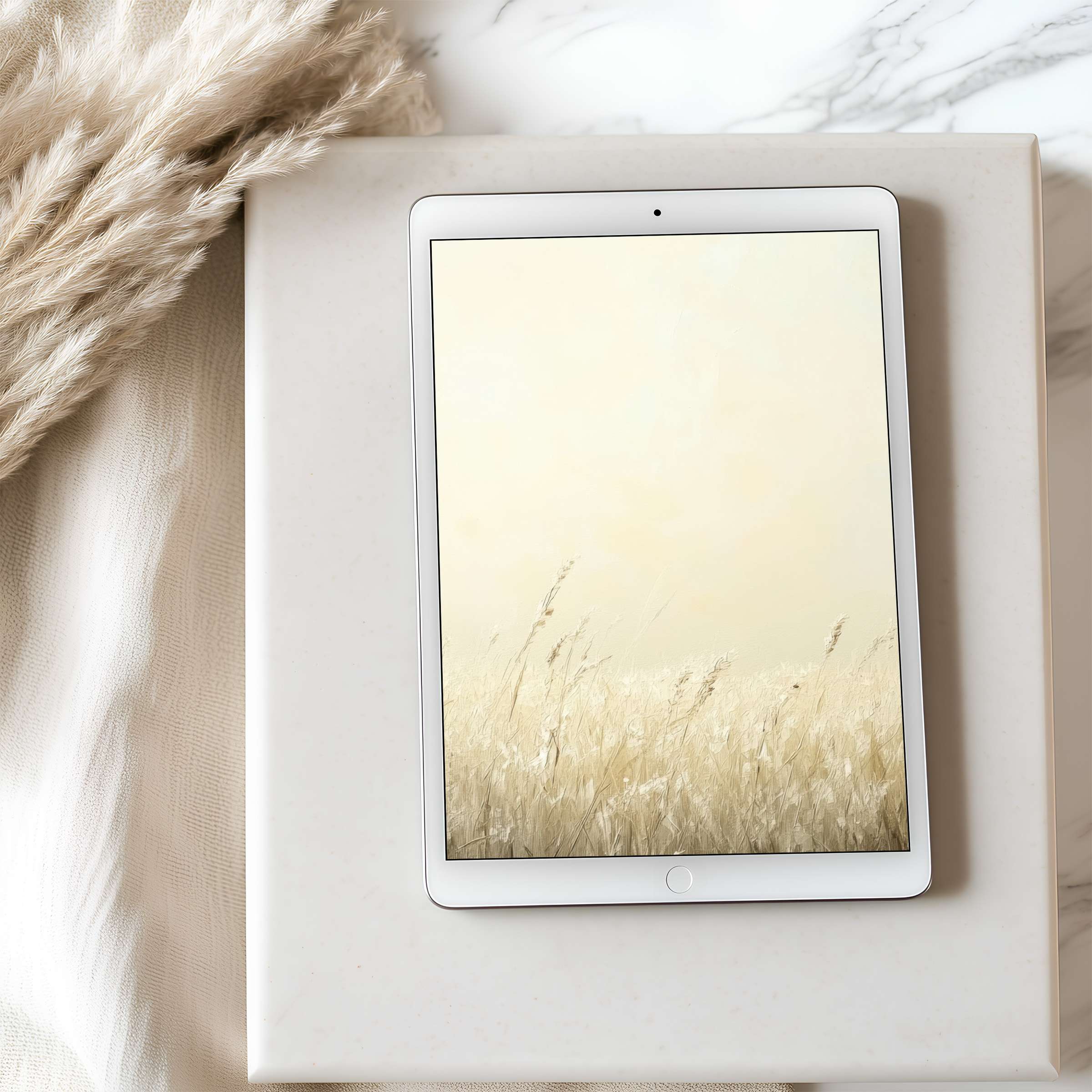 Elegant tablet wallpaper featuring serene beige grasses, exuding calm, perfect for iPad and Android downloads, enhancing sustainable aesthetics