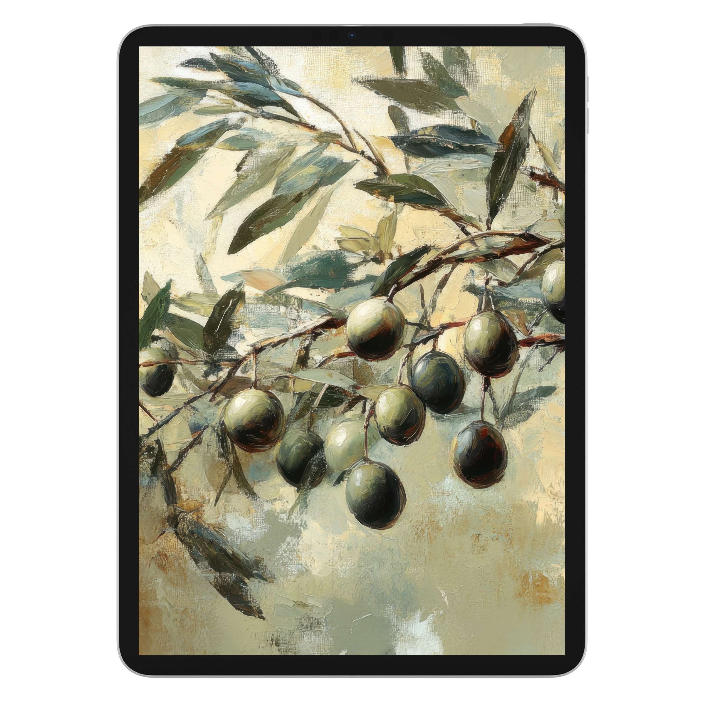Elegant botanical iPad wallpaper with lush olive branches, ideal tablet background; digital download evokes calm, natural aesthetics