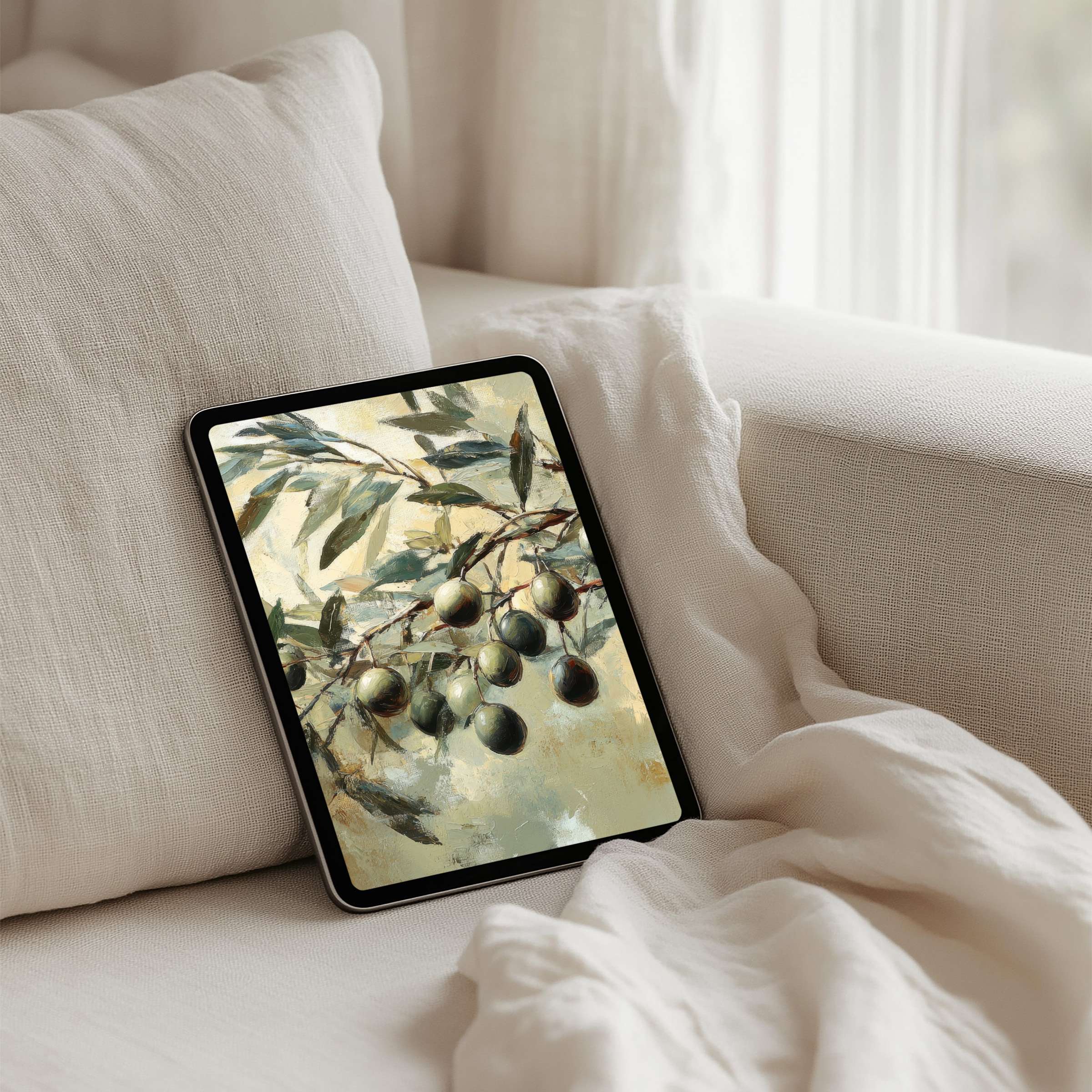 Elegant olive branch painting for iPad background, instant download to your tablet brings calm inspiration and aesthetic mindfulness