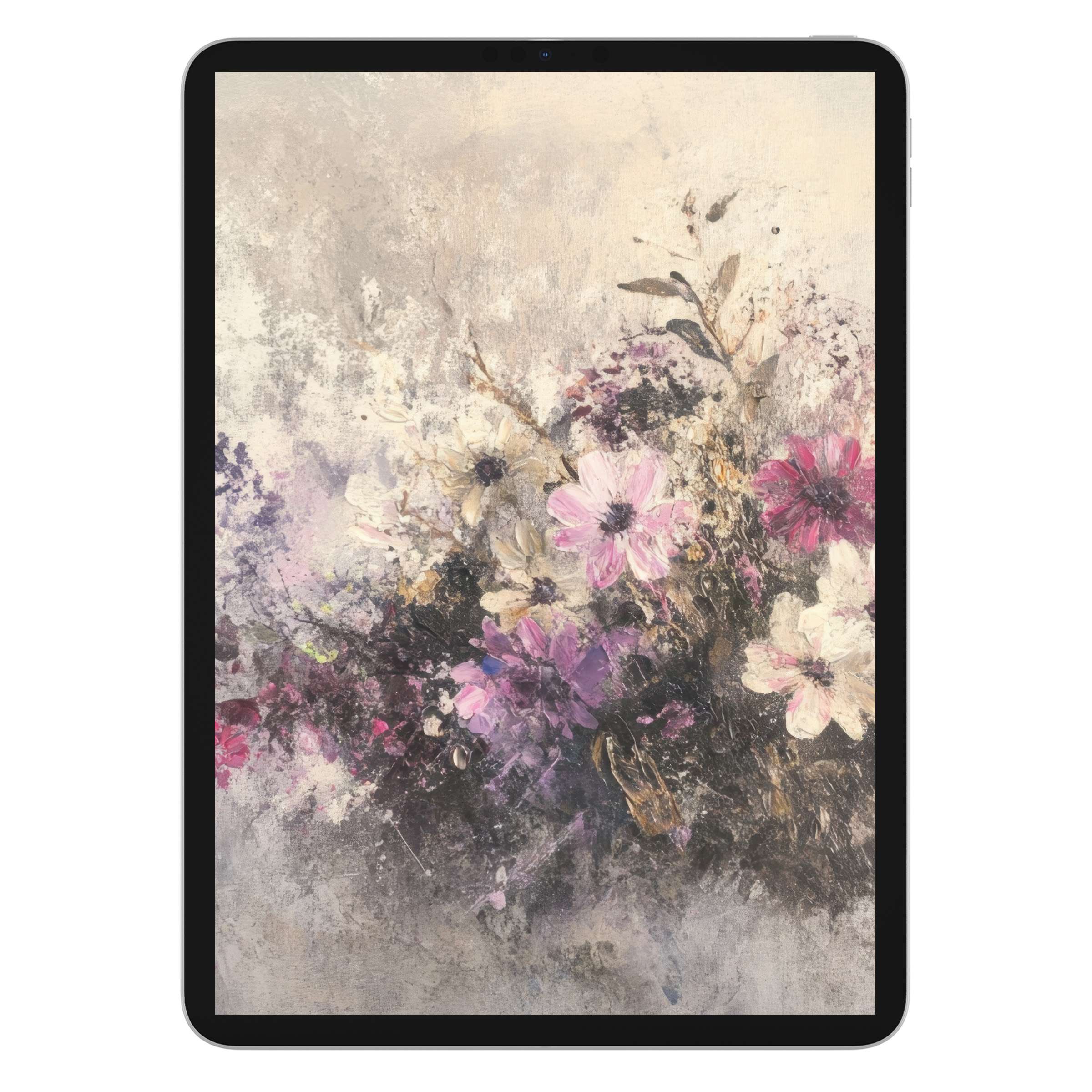 Elegant botanical iPad wallpaper showcasing pastel flowers on a textured canvas background, perfect digital download for tablets and serene decor