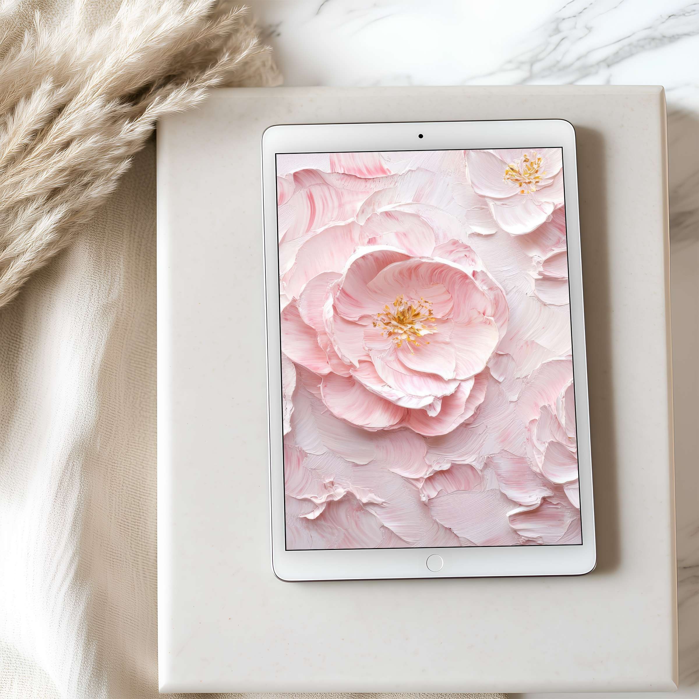 Elegant tablet wallpaper featuring a high resolution pink peony artwork, perfect for iPad or Android tablets, inspiring peace and style