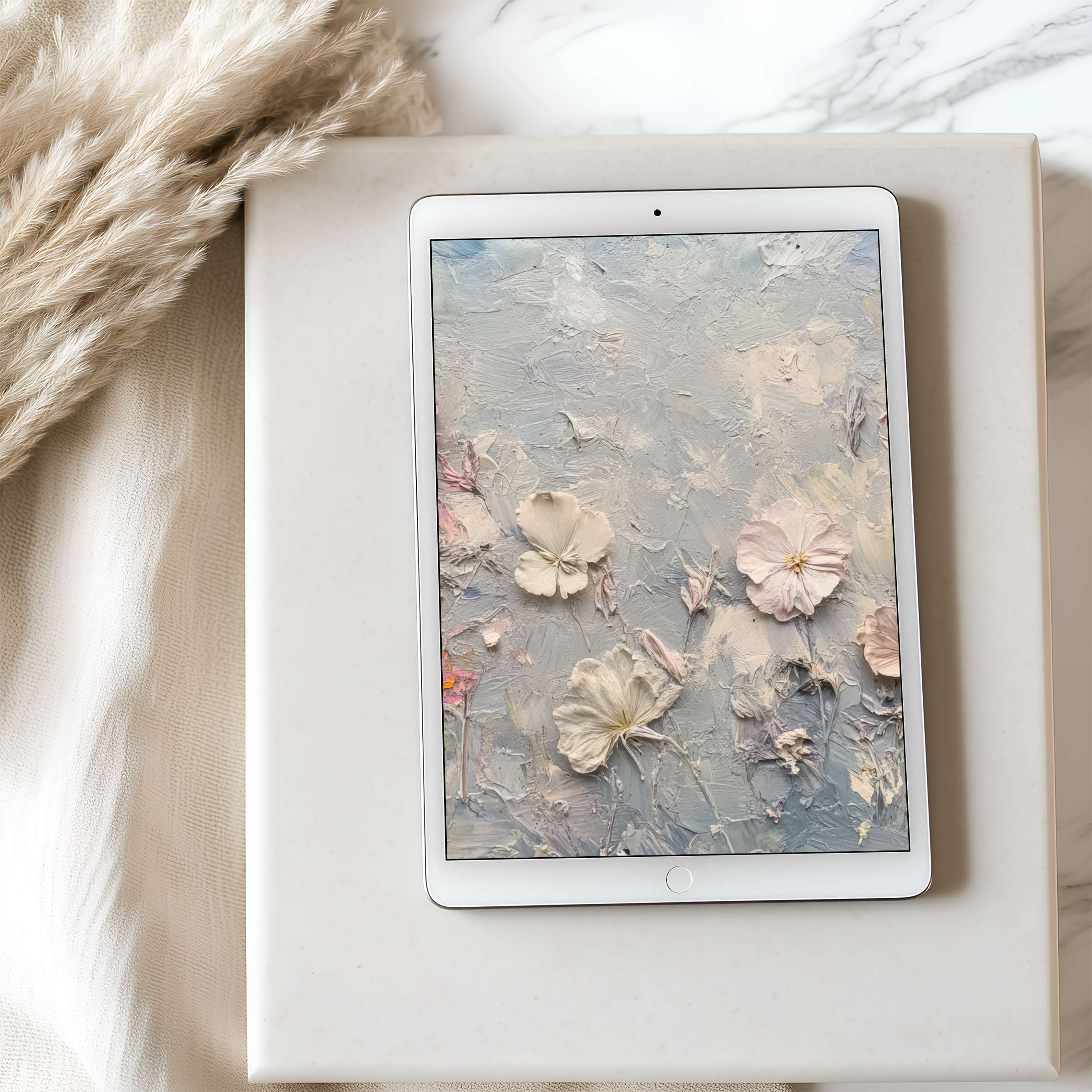 Romantic textured floral art tablet wallpaper in soft pastel tones, ideal for iPad download, adds serenity to elegant spaces
