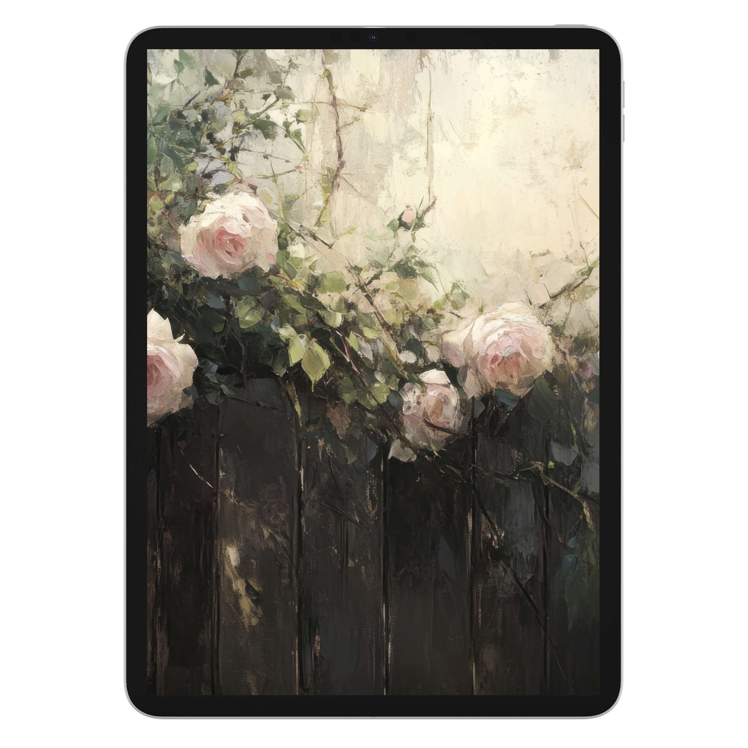 Elegant botanical iPad wallpaper for a serene tablet background; digital download with soft roses, lush greenery, timeless charm