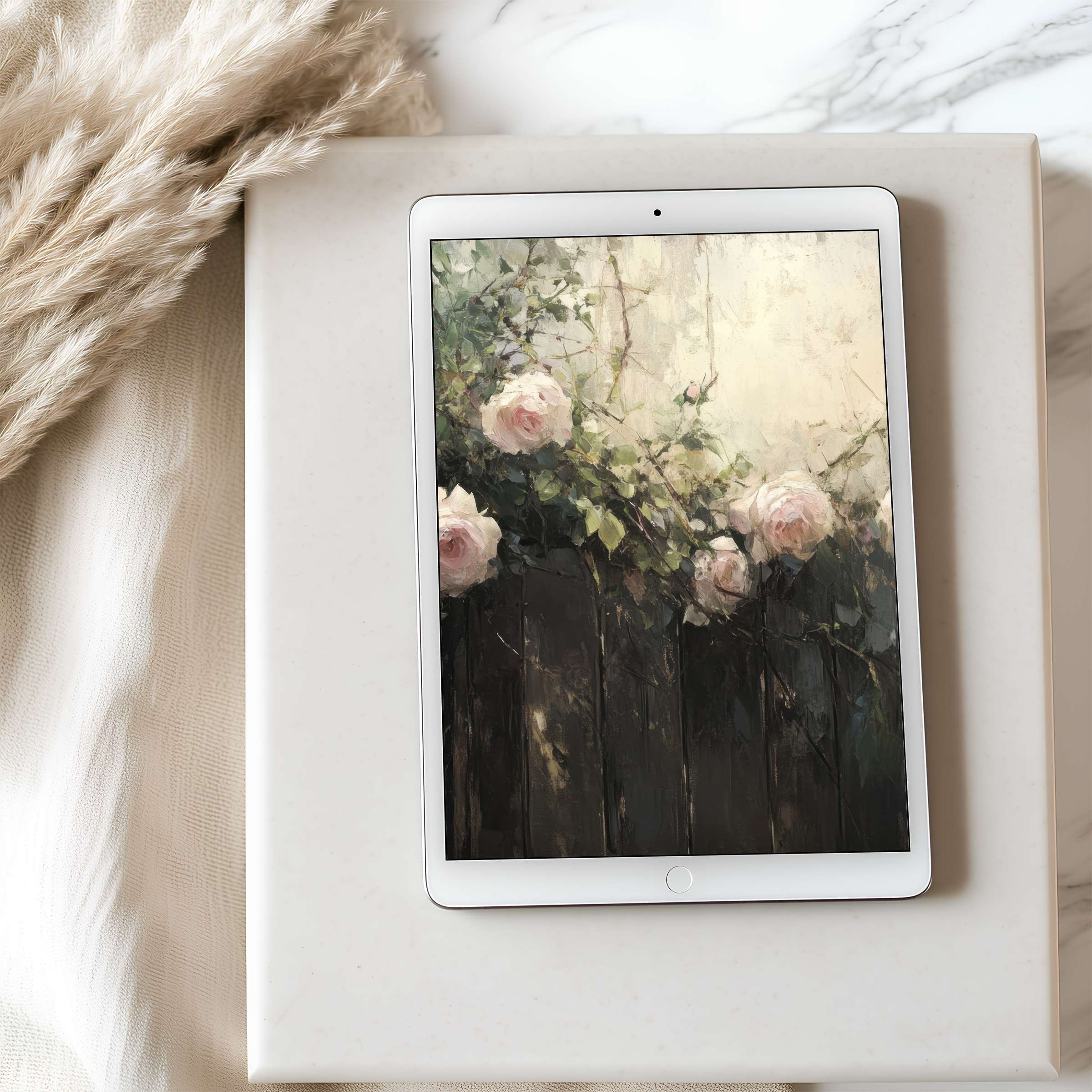 Elegant floral tablet wallpaper on iPad features soft pink roses in artistic style, perfect for design-conscious interiors, digital download