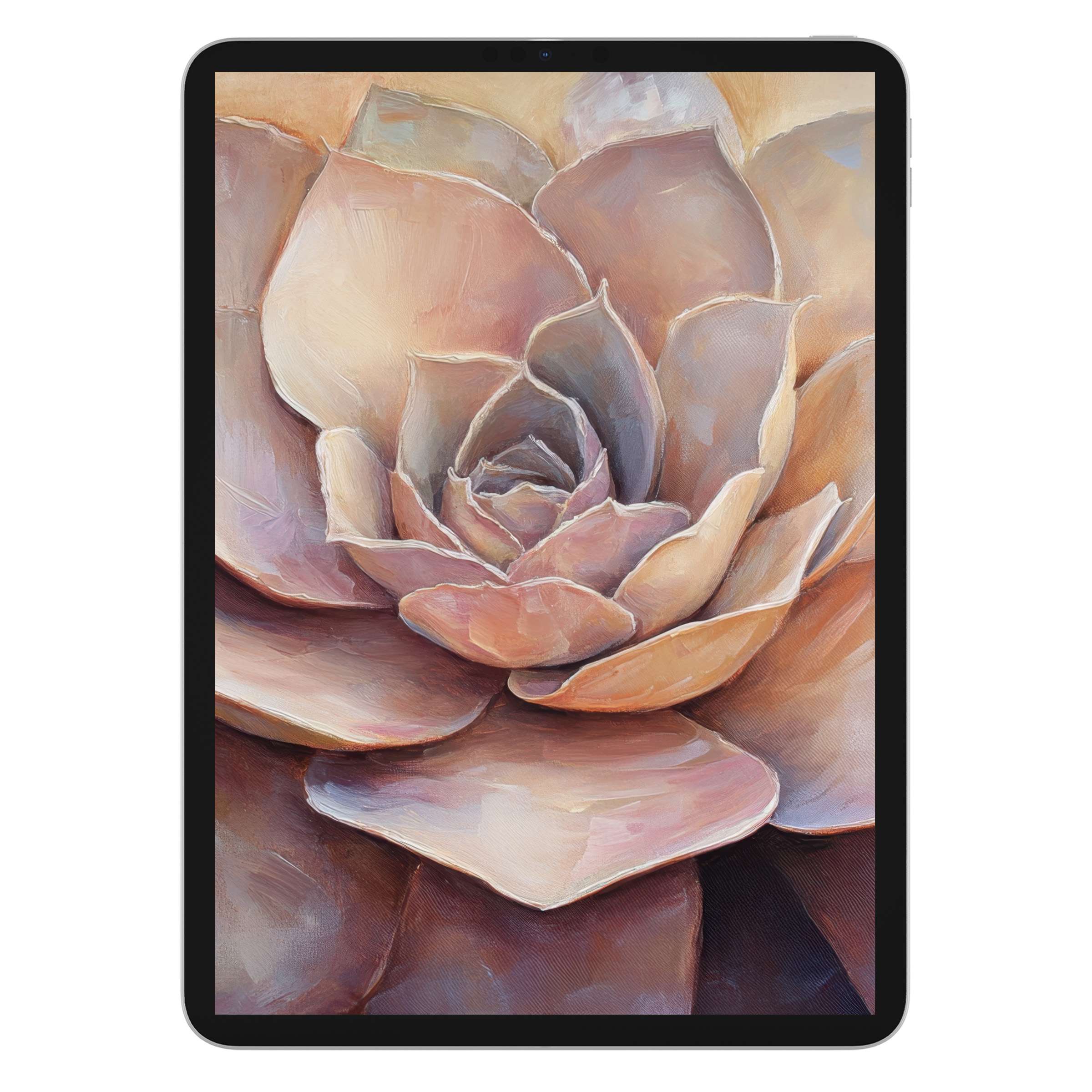 Elegant botanical iPad wallpaper featuring a serene, textured succulent painting as a digital download background for tablets