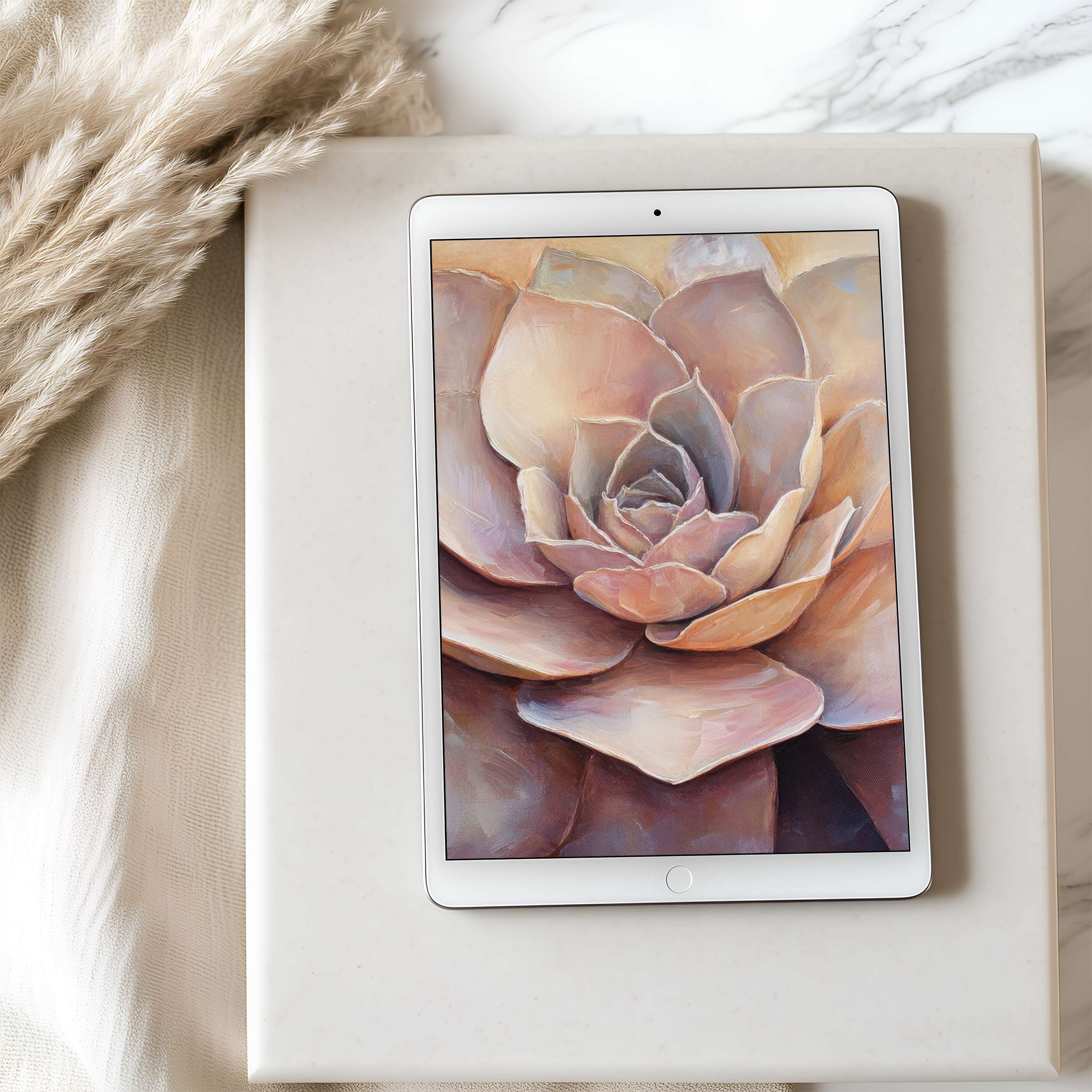 Elegant tablet wallpaper showcasing a serene succulent painting on an iPad, perfect for high-resolution digital downloads and aesthetics