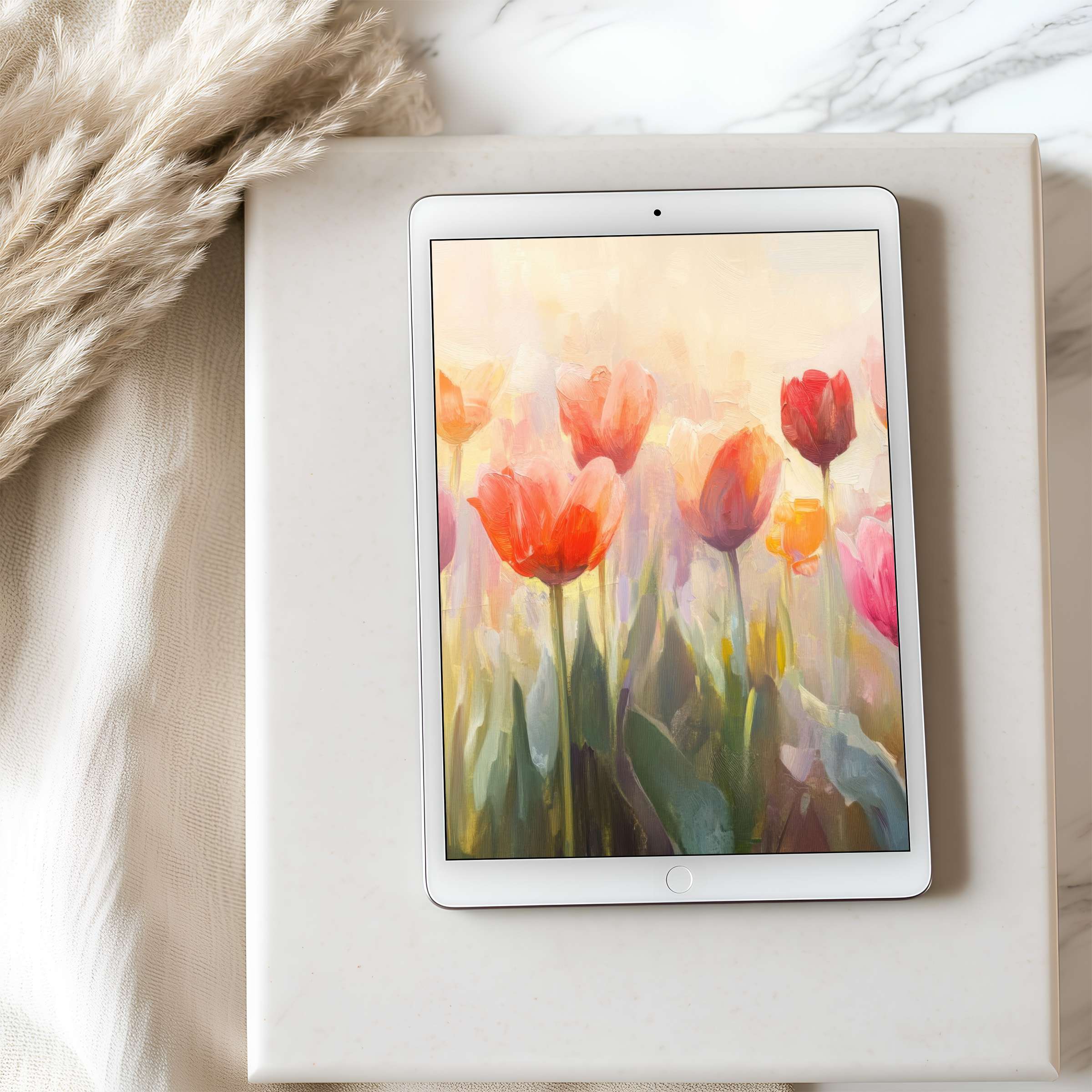 Charming tulip-inspired tablet wallpaper, high resolution for iPad, boasts soft pastels for a serene, sustainable digital download experience