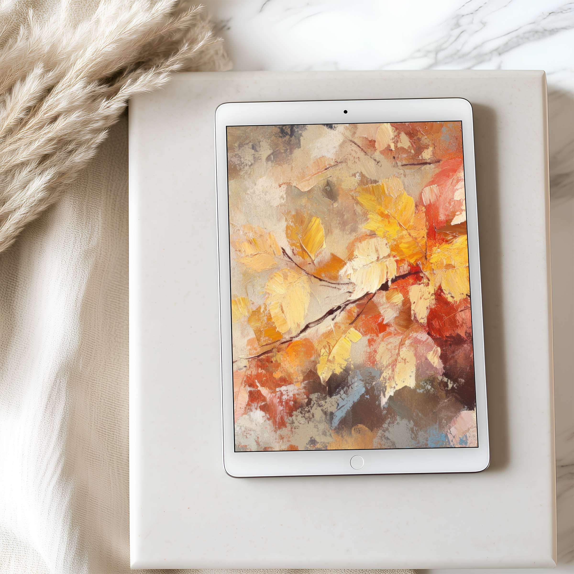 Elegant abstract autumn leaves painting as a tablet wallpaper in high resolution enhances any iPad or Android tablet ambiance