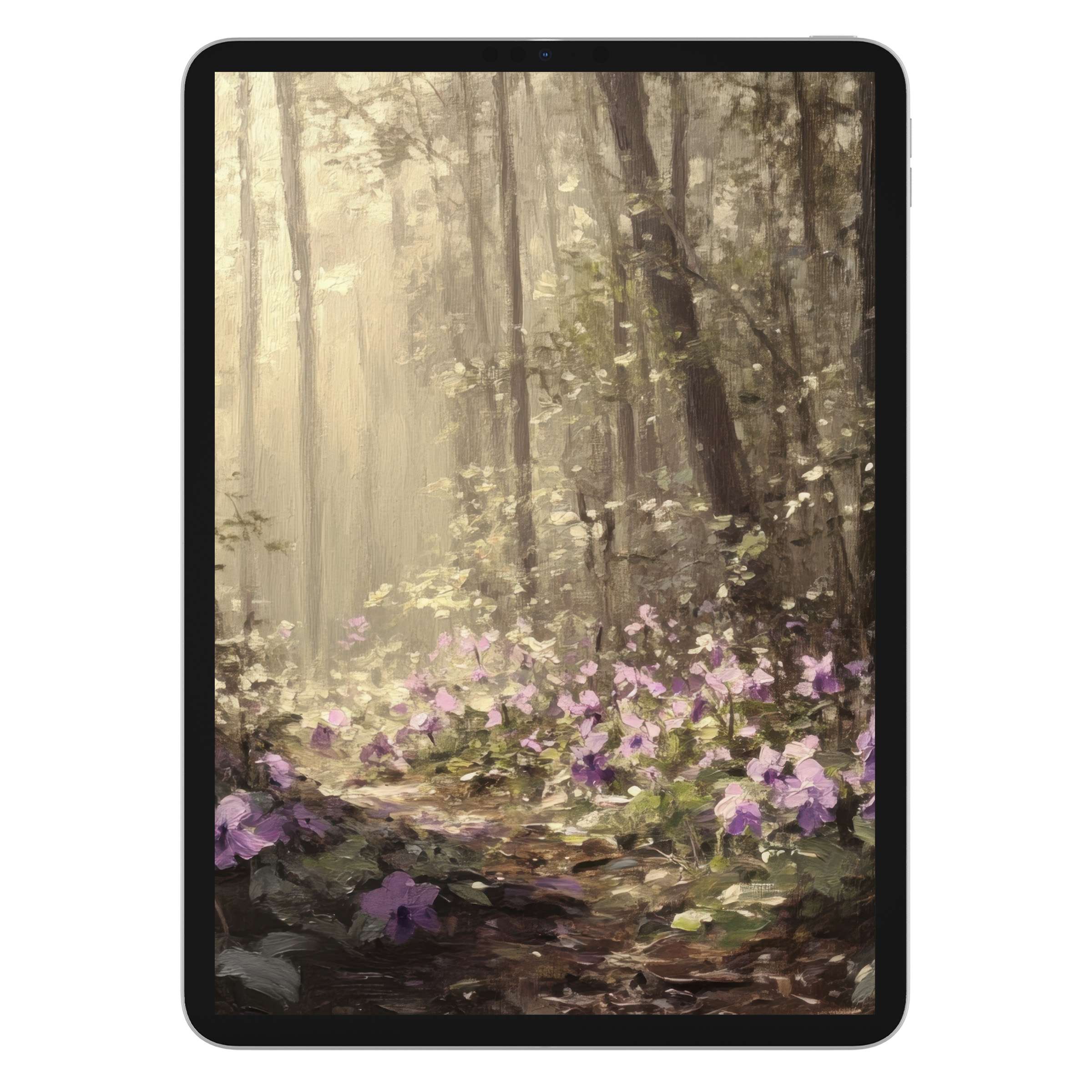 Serene botanical iPad wallpaper featuring a misty forest with purple wildflowers, perfect digital download background for any tablet user