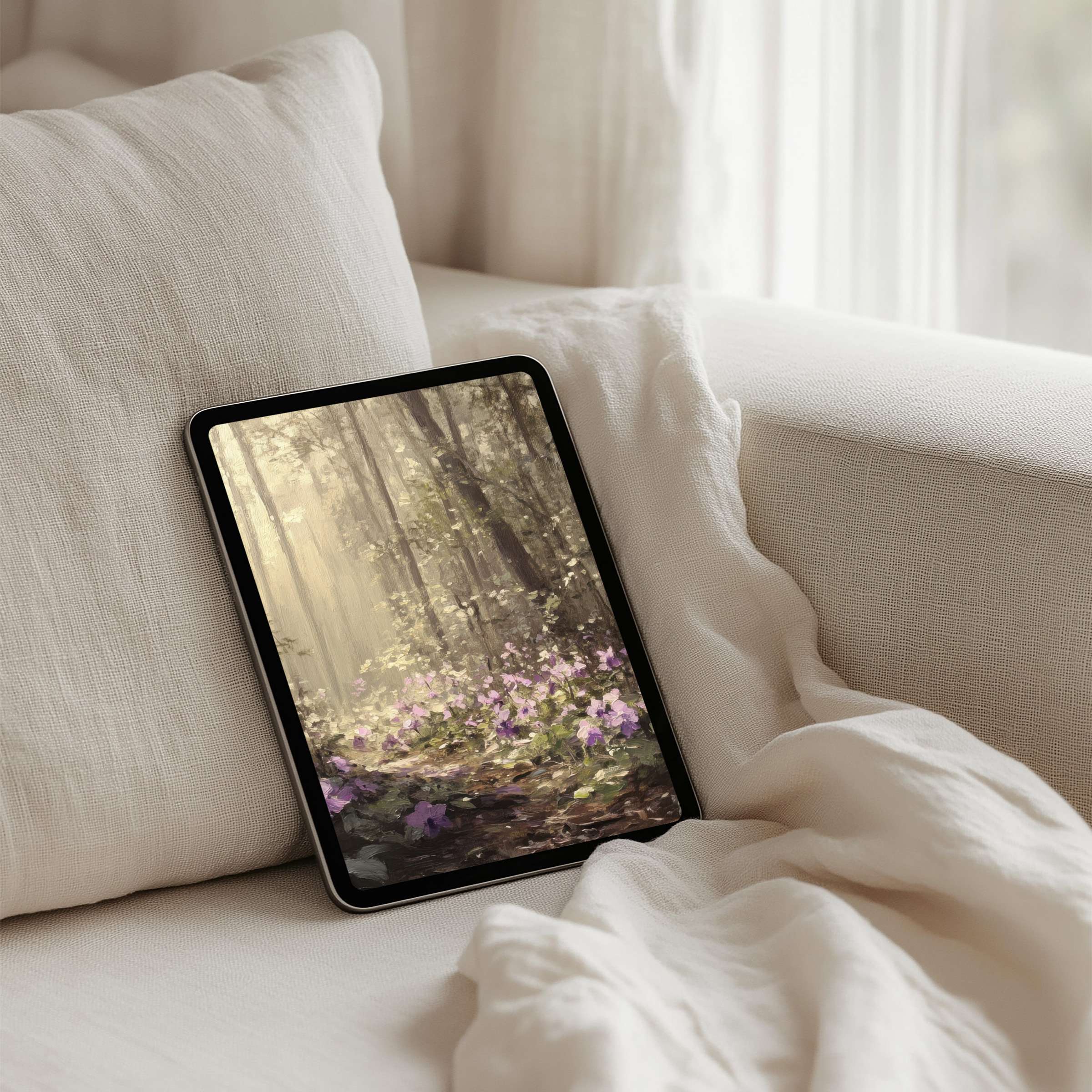 Serene forest scene with soft light and purple flowers on an iPad background for instant download, perfect for any tablet