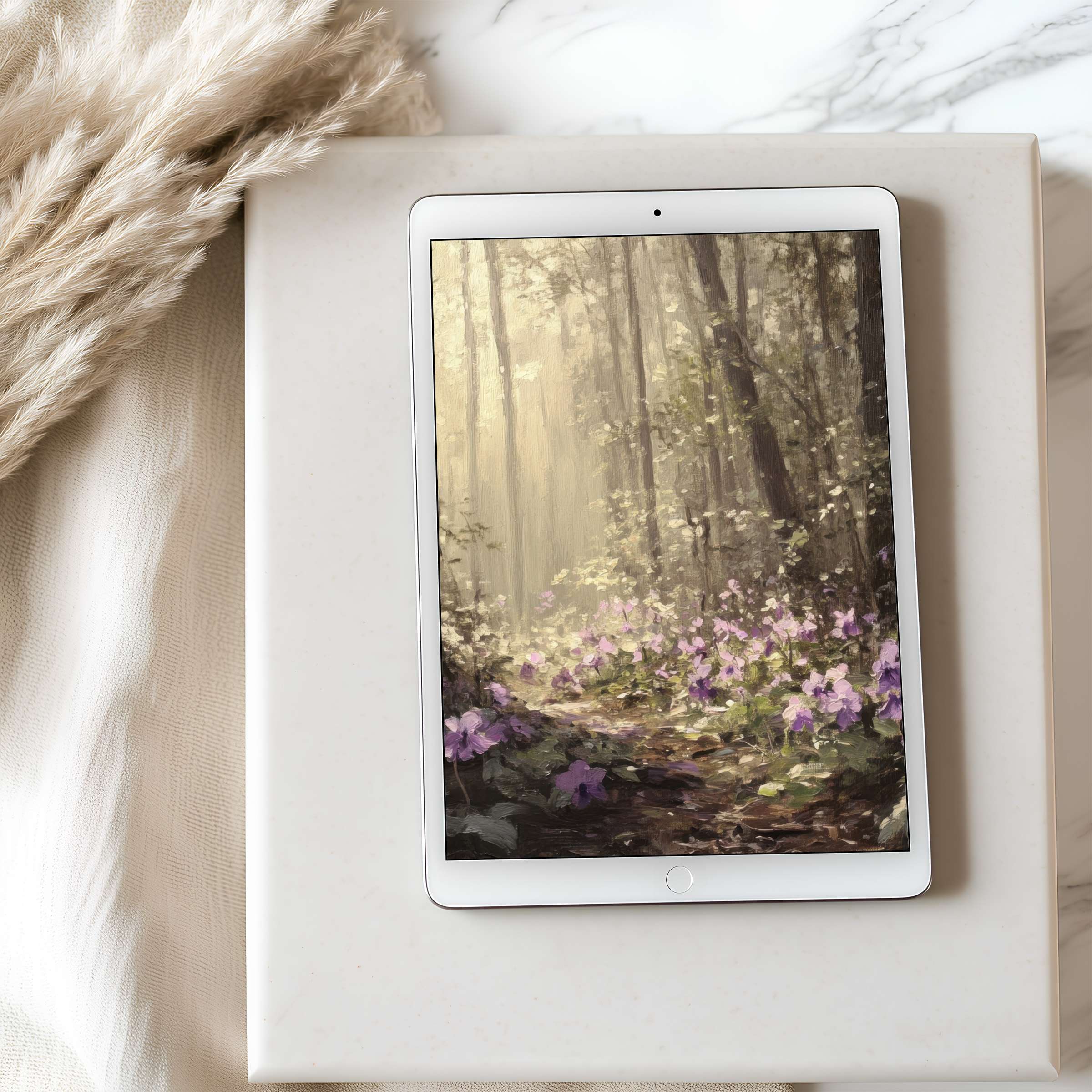 Rustic forest scene tablet wallpaper on iPad evokes tranquility with its soft pastels, perfect for high resolution digital download