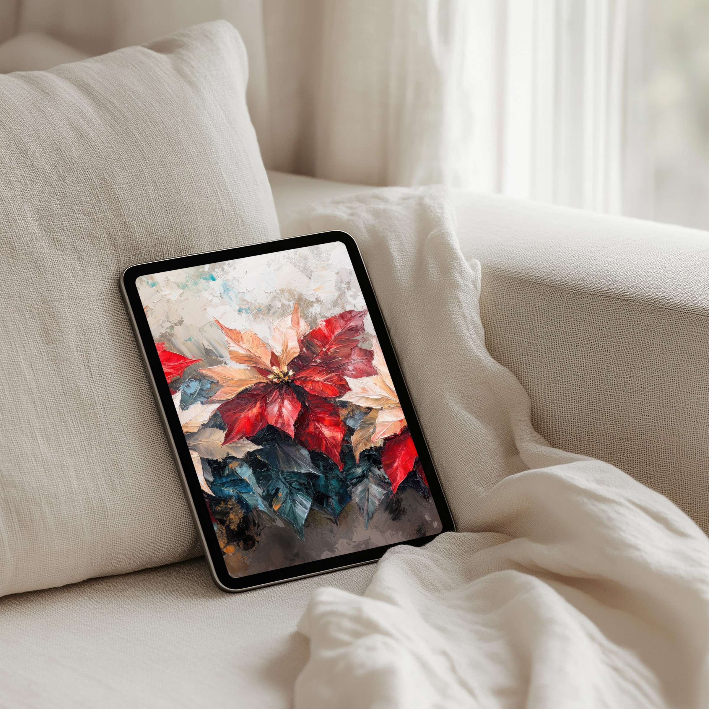 Elegant poinsettia painting on iPad background creates calm inspiration for tablets instant download for mindful digital decor