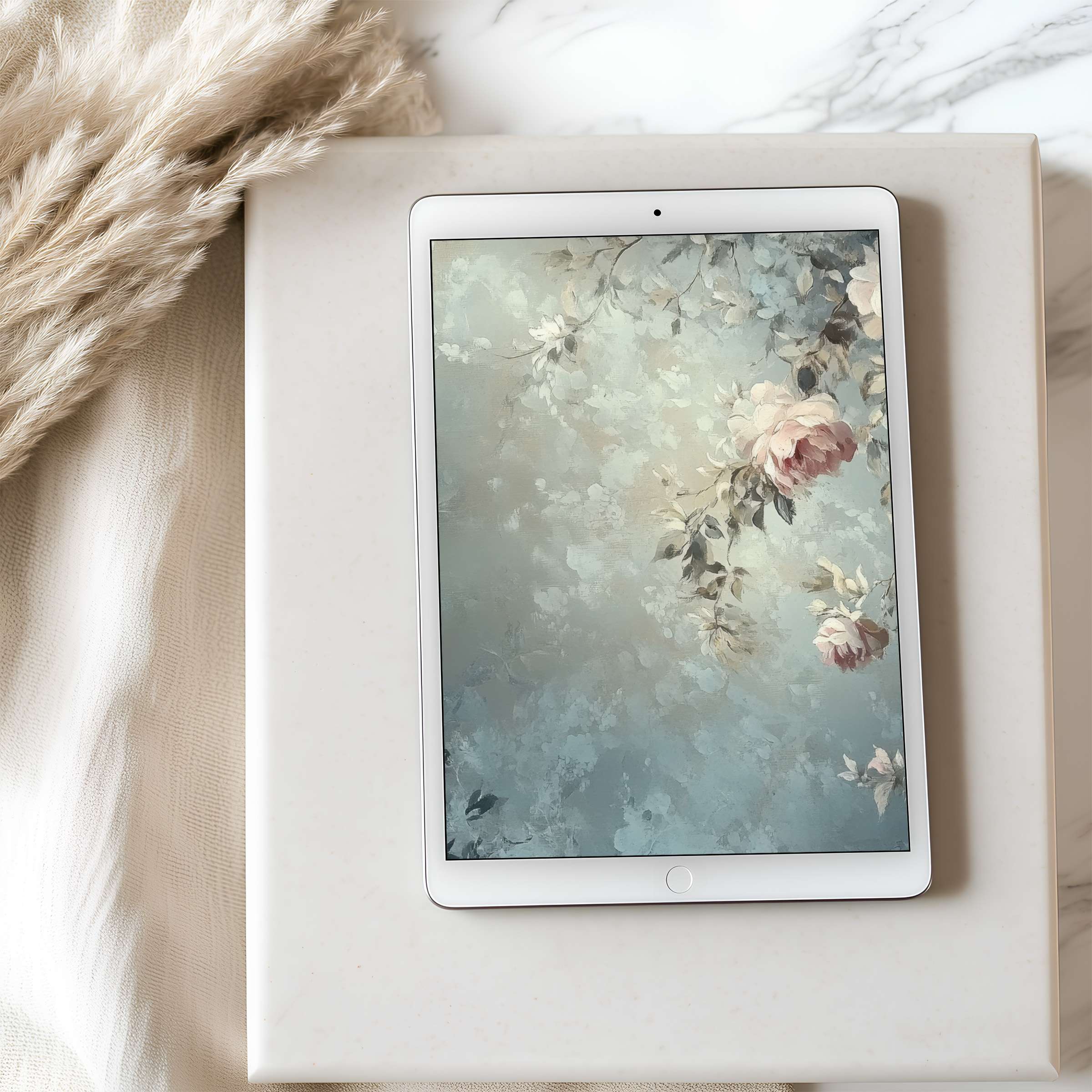 Elegant floral tablet wallpaper in soft pastels, creating a calming ambiance suitable for iPad and Android tablets, high resolution digital download