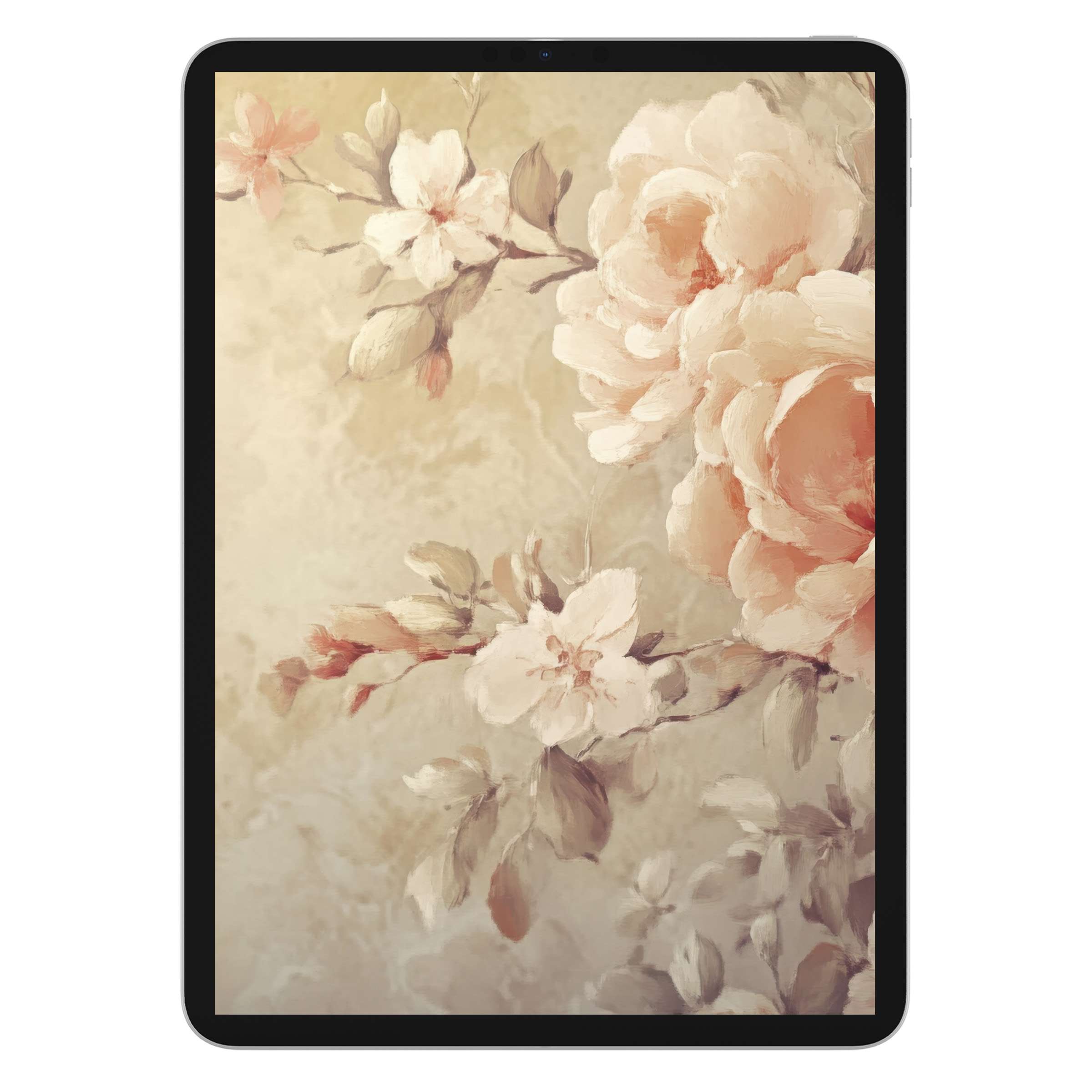 Elegant botanical iPad wallpaper featuring soft peach and cream florals creating a serene digital download for tablet background use