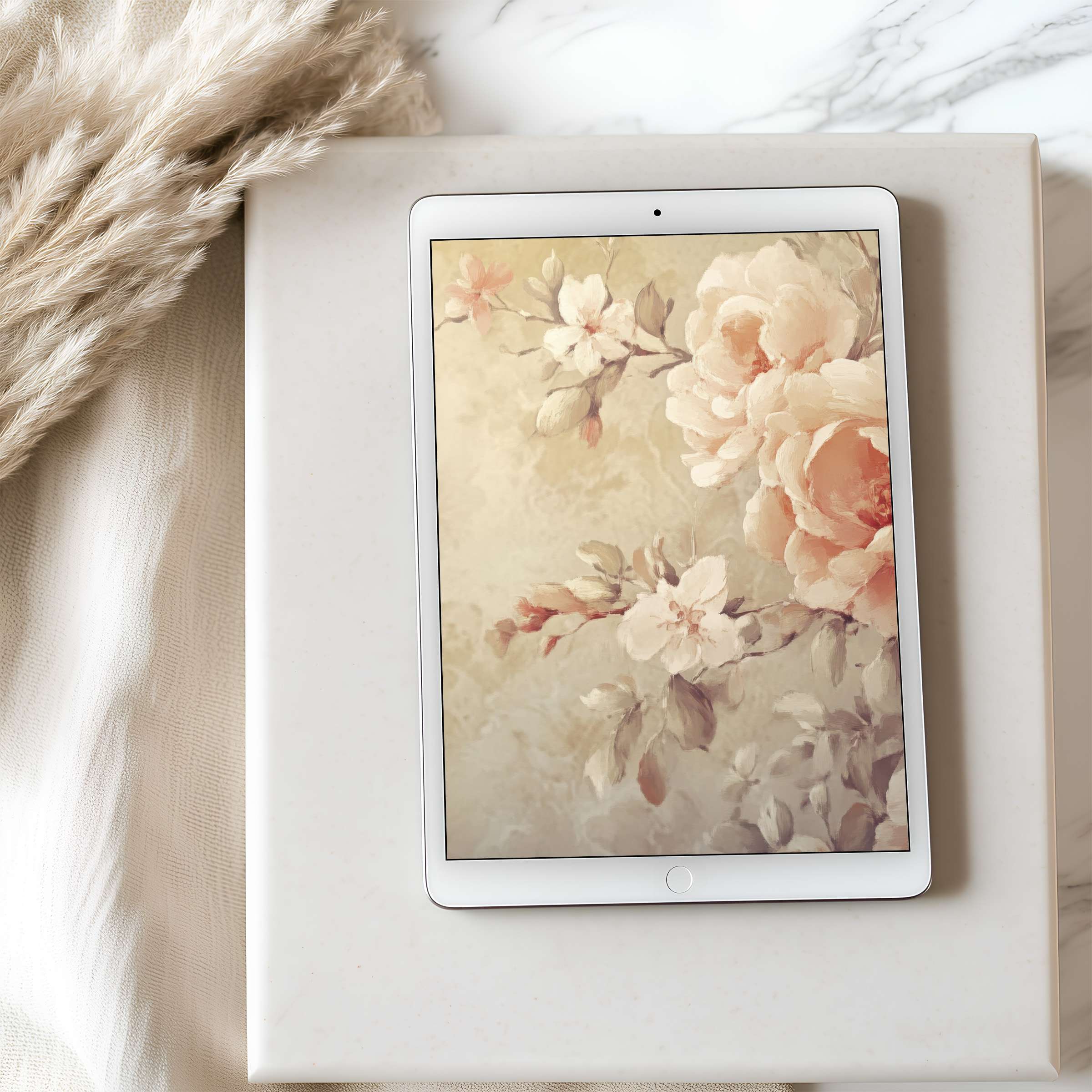Elegant floral tablet wallpaper in soft pastels highlights serene beauty for iPad, high resolution art, ideal for digital download