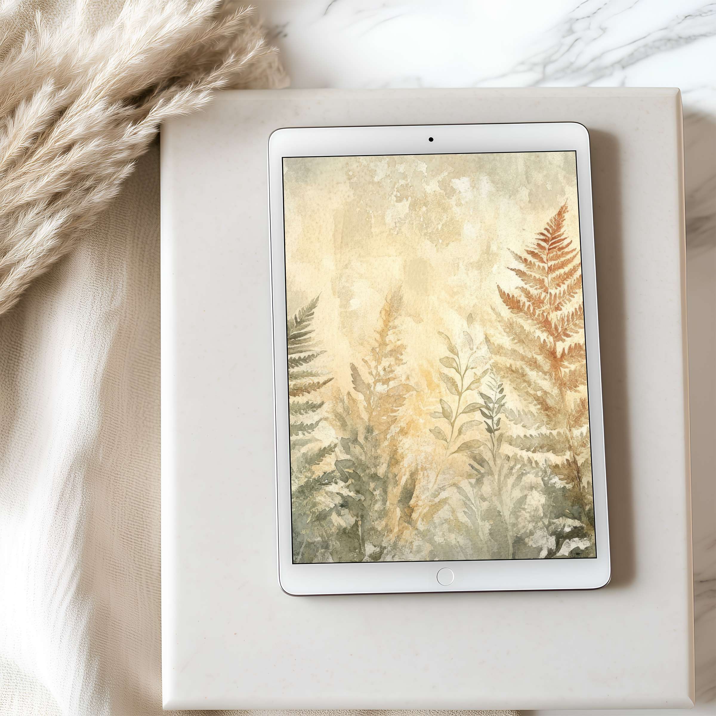 Elegant tablet wallpaper with earthy watercolor ferns offers a calming, curated design for high-resolution iPad or Android download