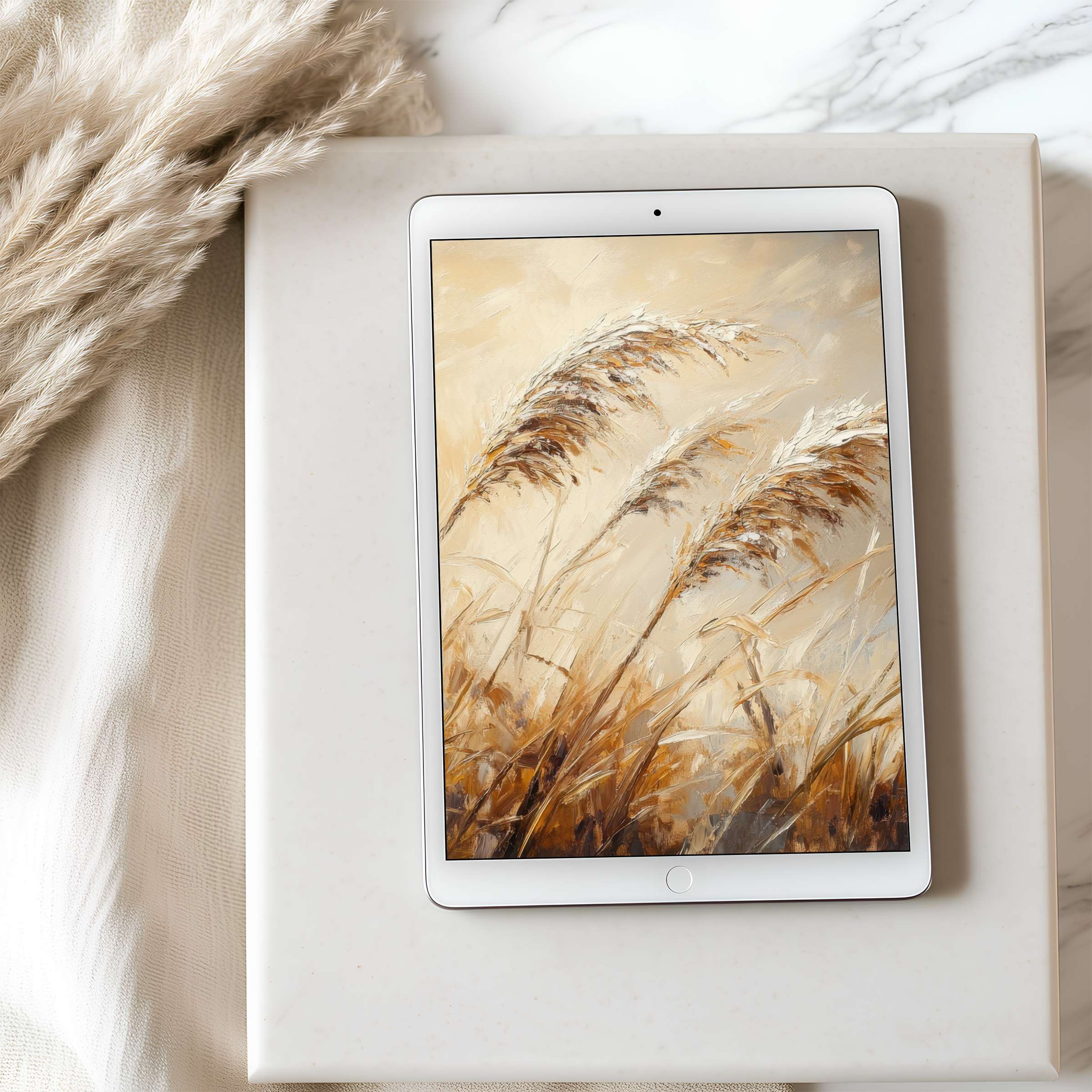 Elegant tablet wallpaper featuring serene wheat fields in earthy tones, perfect high-resolution digital download for iPad and Android tablets
