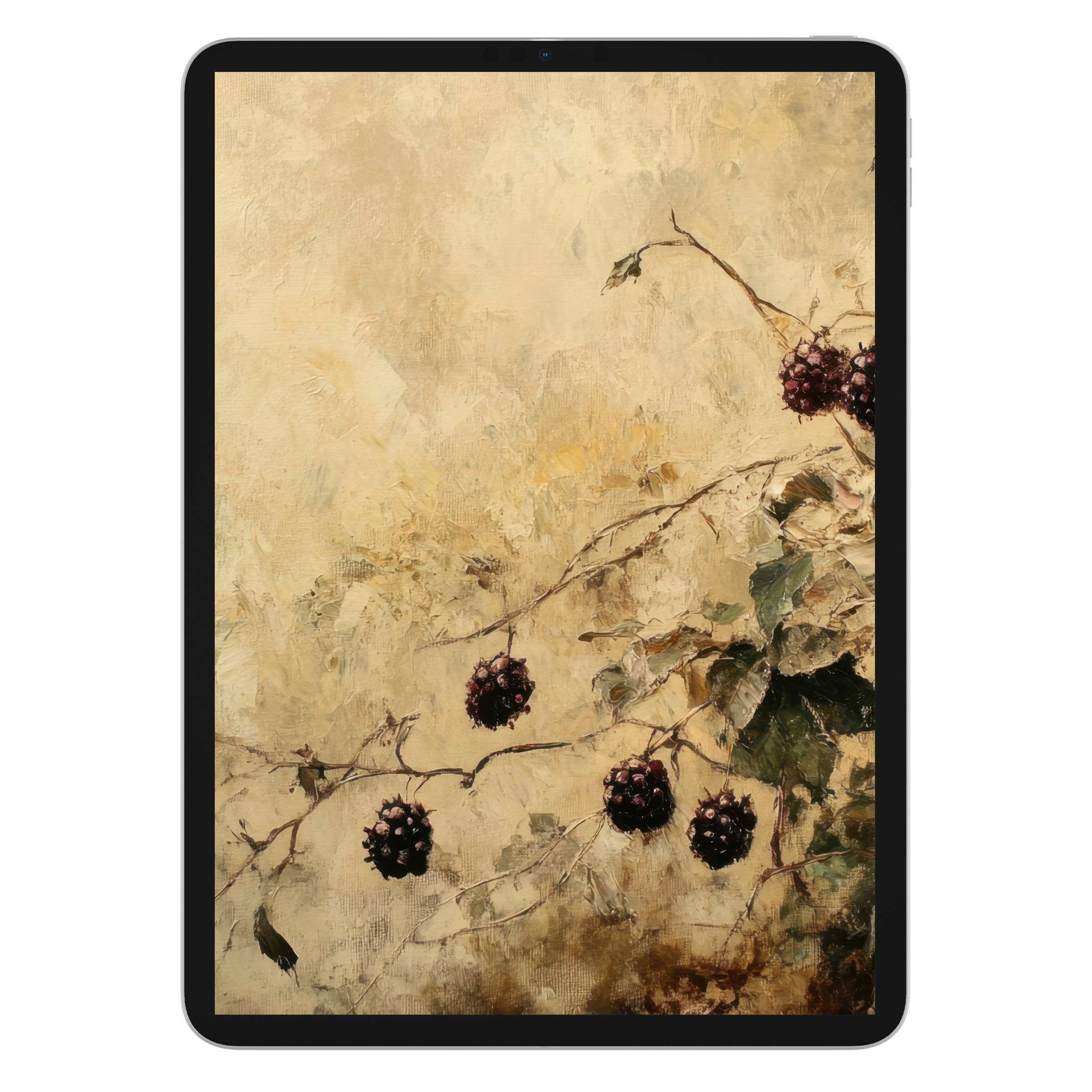 Vintage-inspired botanical iPad wallpaper featuring delicate berries on a textured beige background for a calming tablet digital download