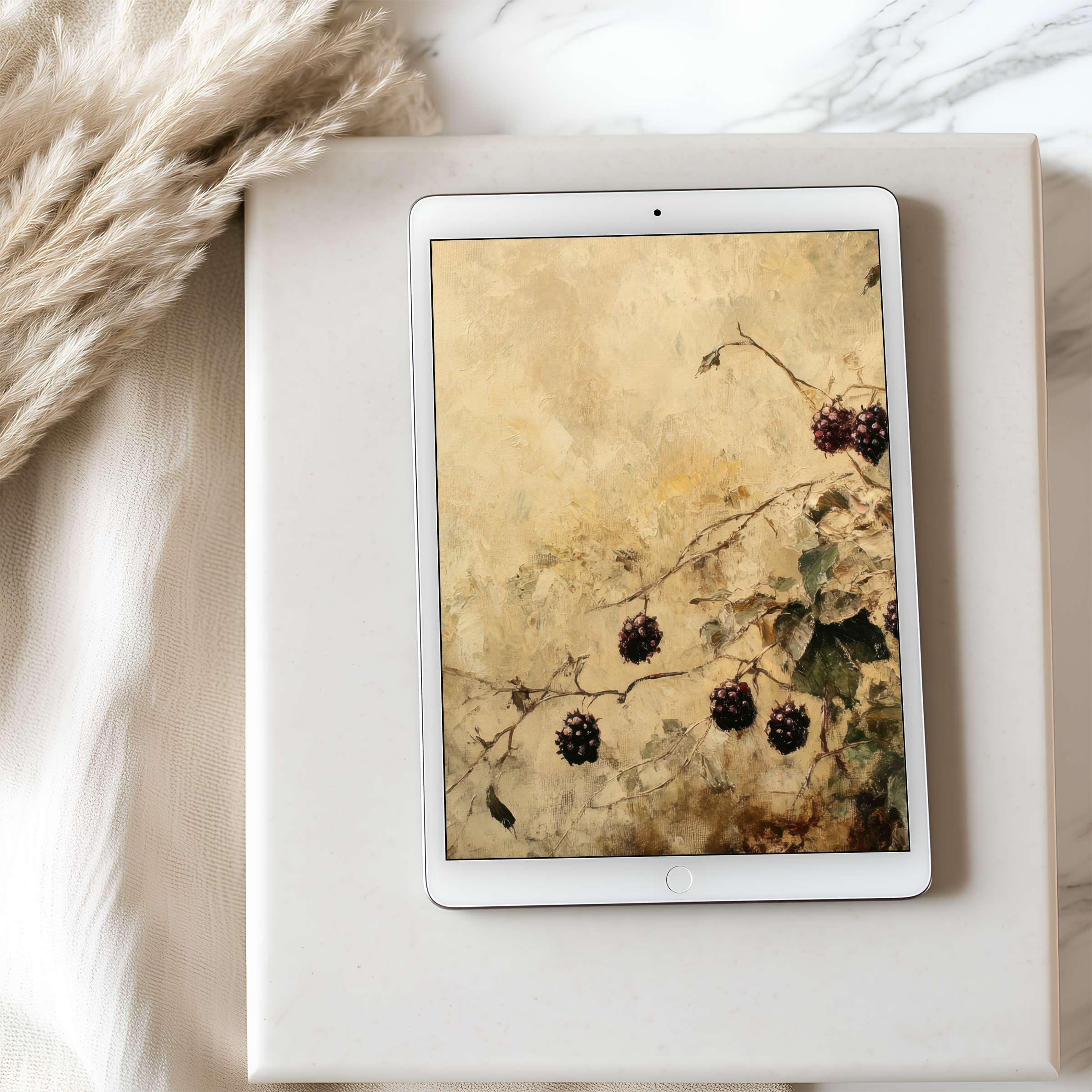 Elegant tablet wallpaper features a high-resolution nature motif with earthy tones, perfect for iPad and Android, calming digital download