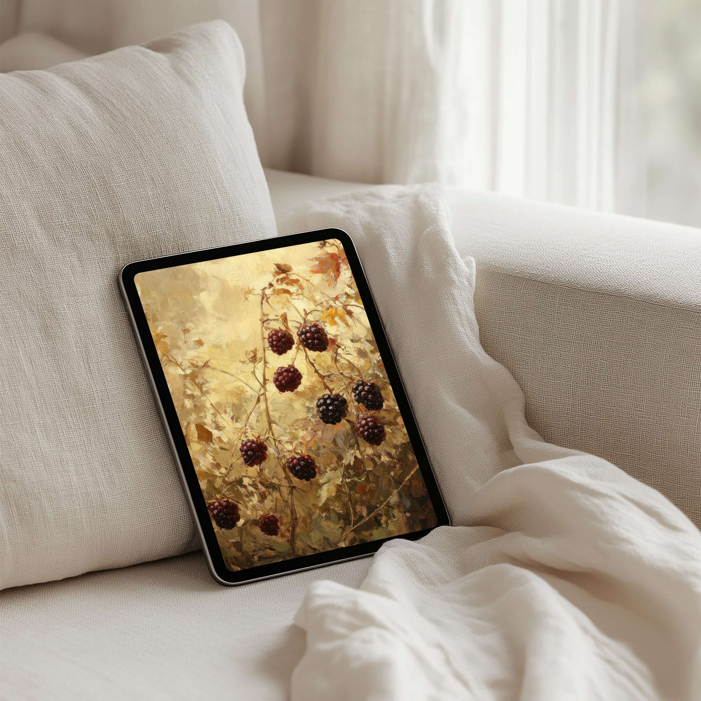 Elegant iPad background featuring earthy tones of blackberries offers instant download for a calming tablet experience