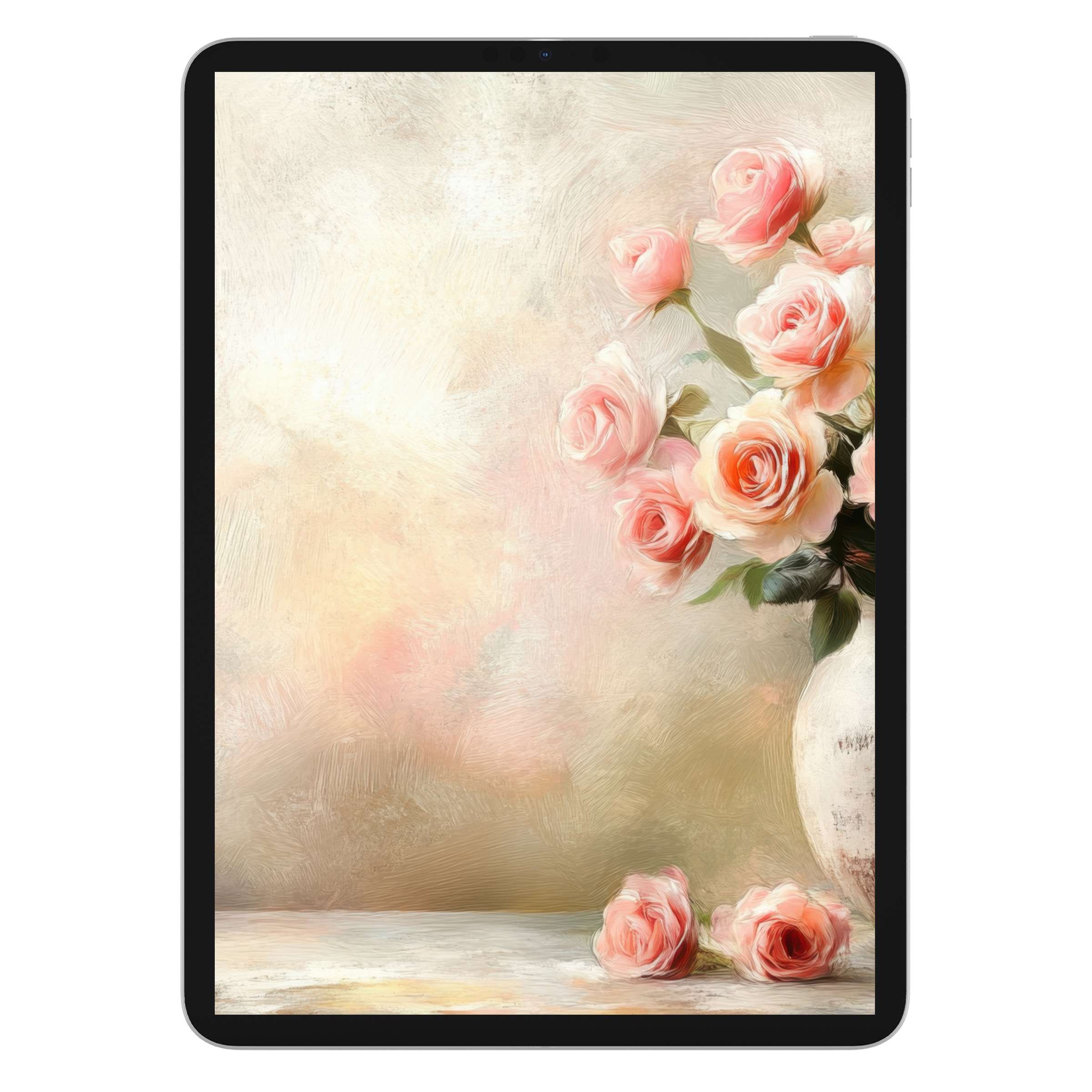 Elegant botanical iPad wallpaper digital download featuring soft pink and peach roses, ideal as a tranquil tablet background for all devices