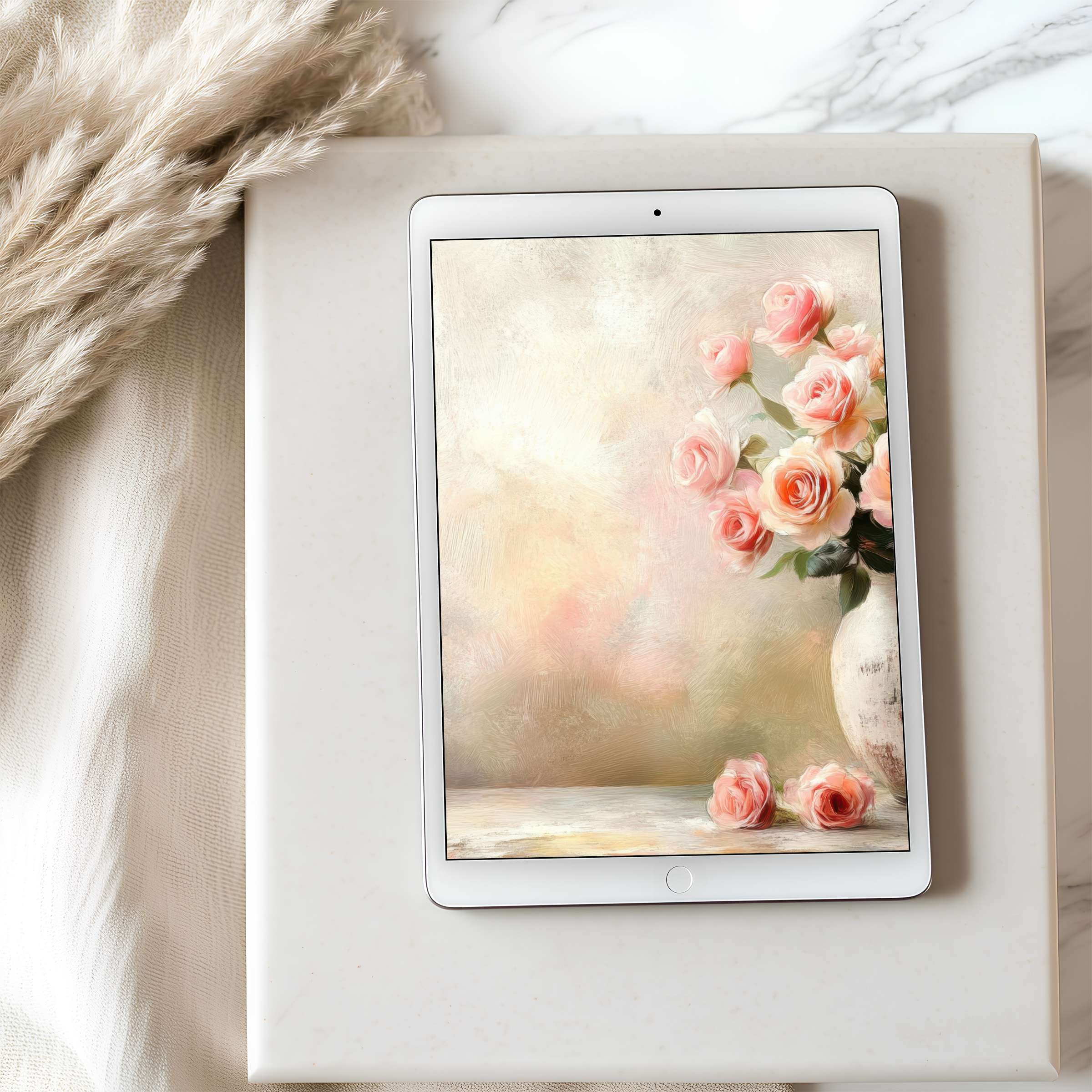 Beautiful tablet wallpaper featuring pink roses in a soft, pastel oil painting style on iPad, perfect for serene digital download