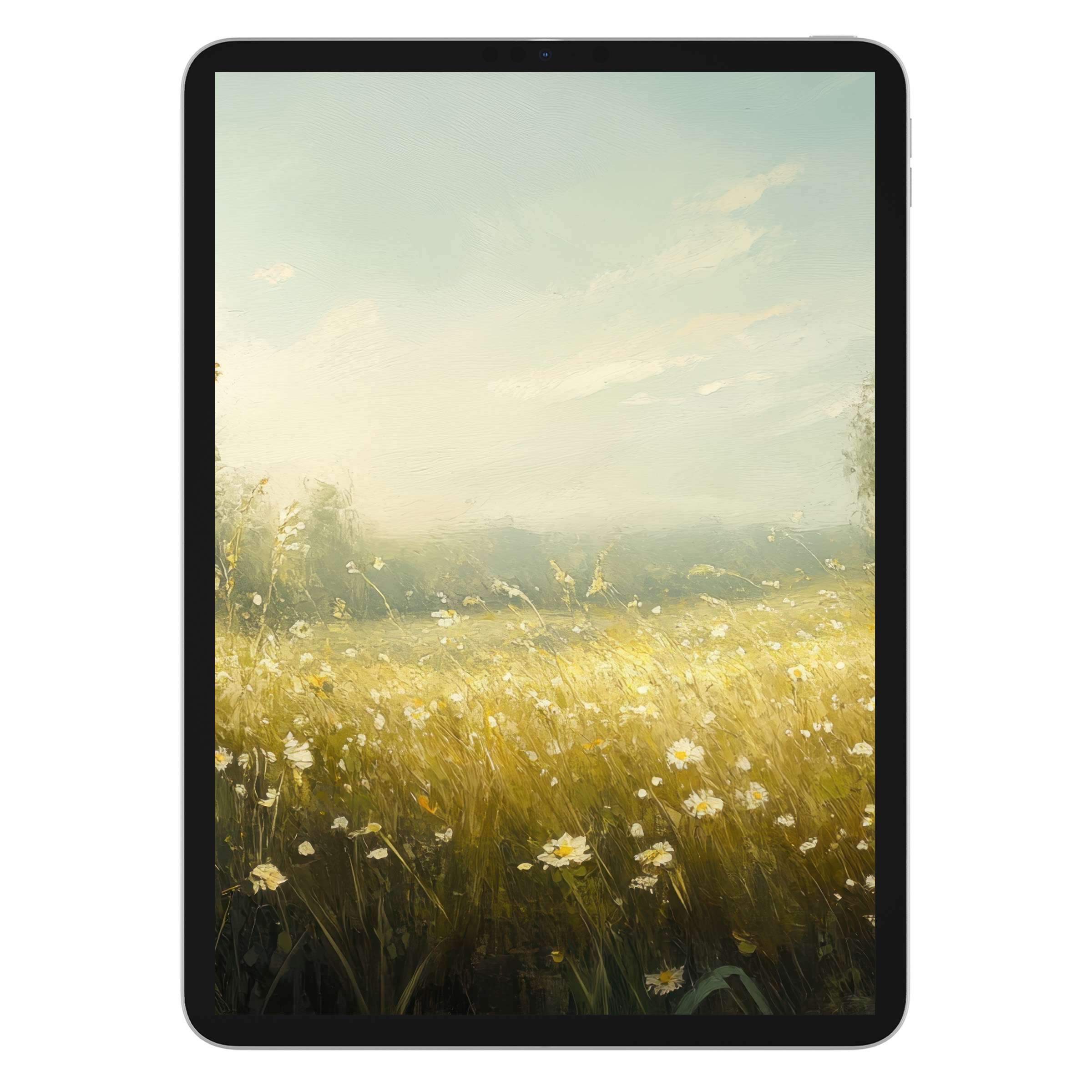 Serene botanical iPad wallpaper features a tranquil meadow with soft golden hues, perfect digital download for tablet background elegance