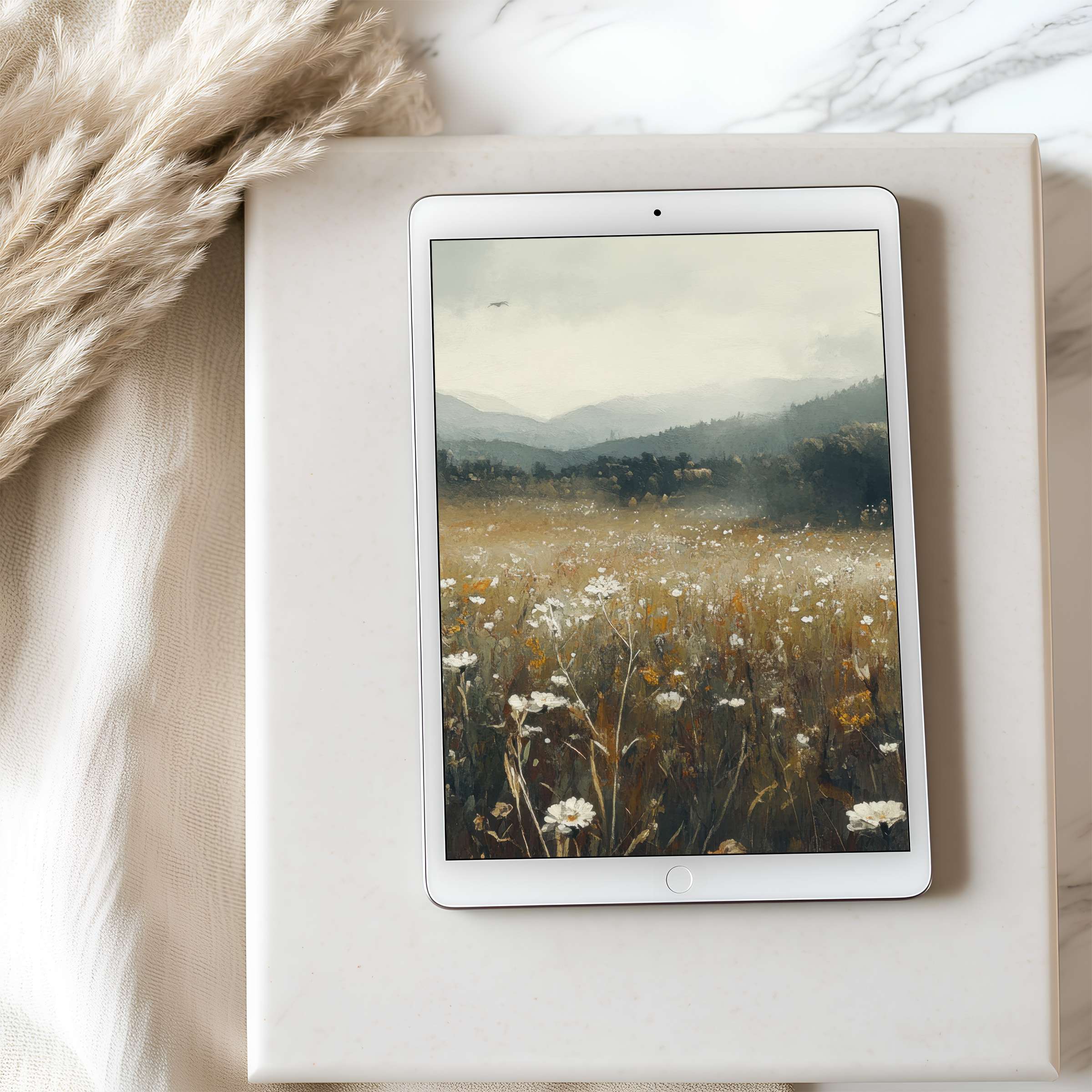 Serene tablet wallpaper featuring a high-resolution meadow landscape in soft earth tones, perfect for iPad and Android tablets, digital download