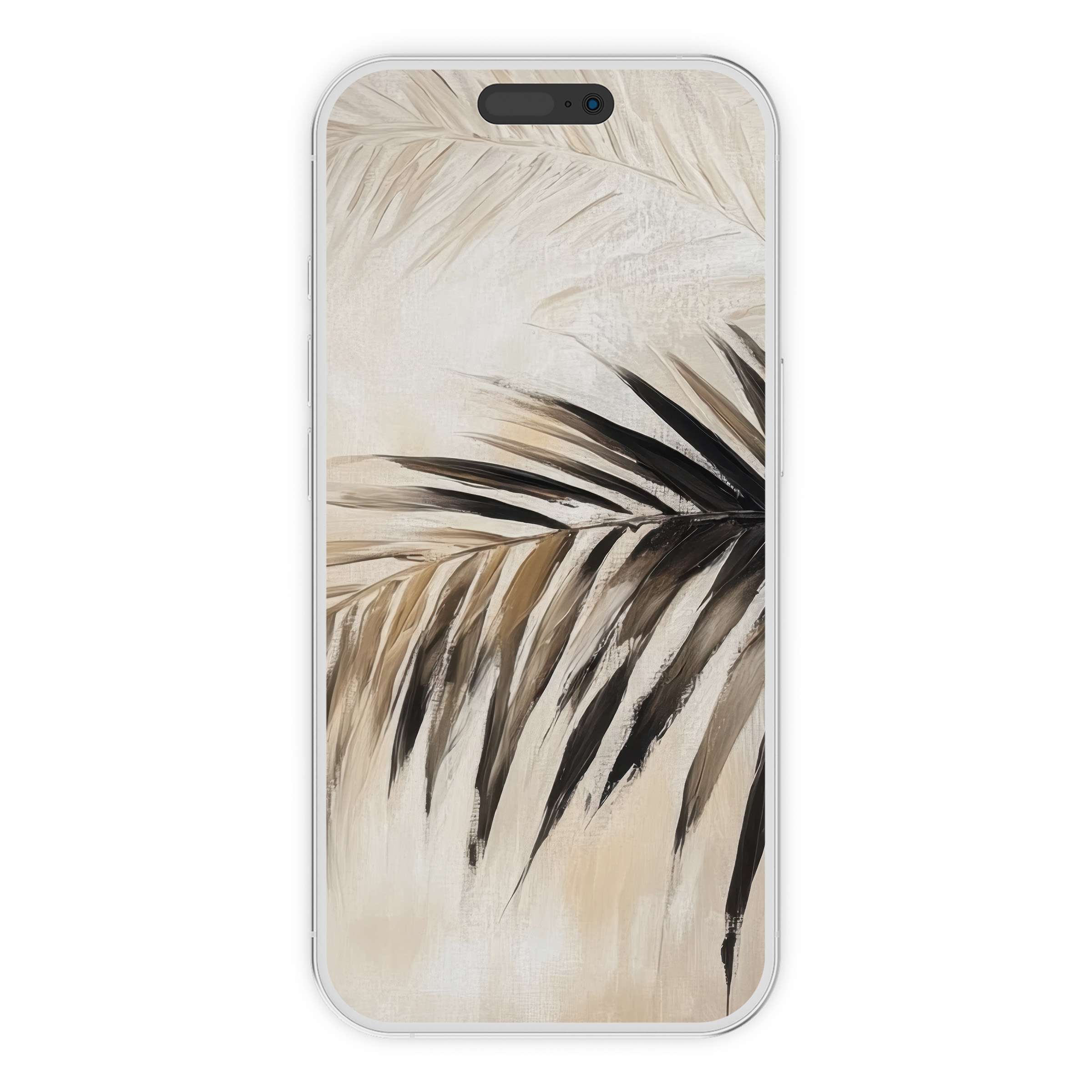 Elegant botanical iPhone wallpaper featuring serene beige and black palm leaves offering a calming digital download phone background